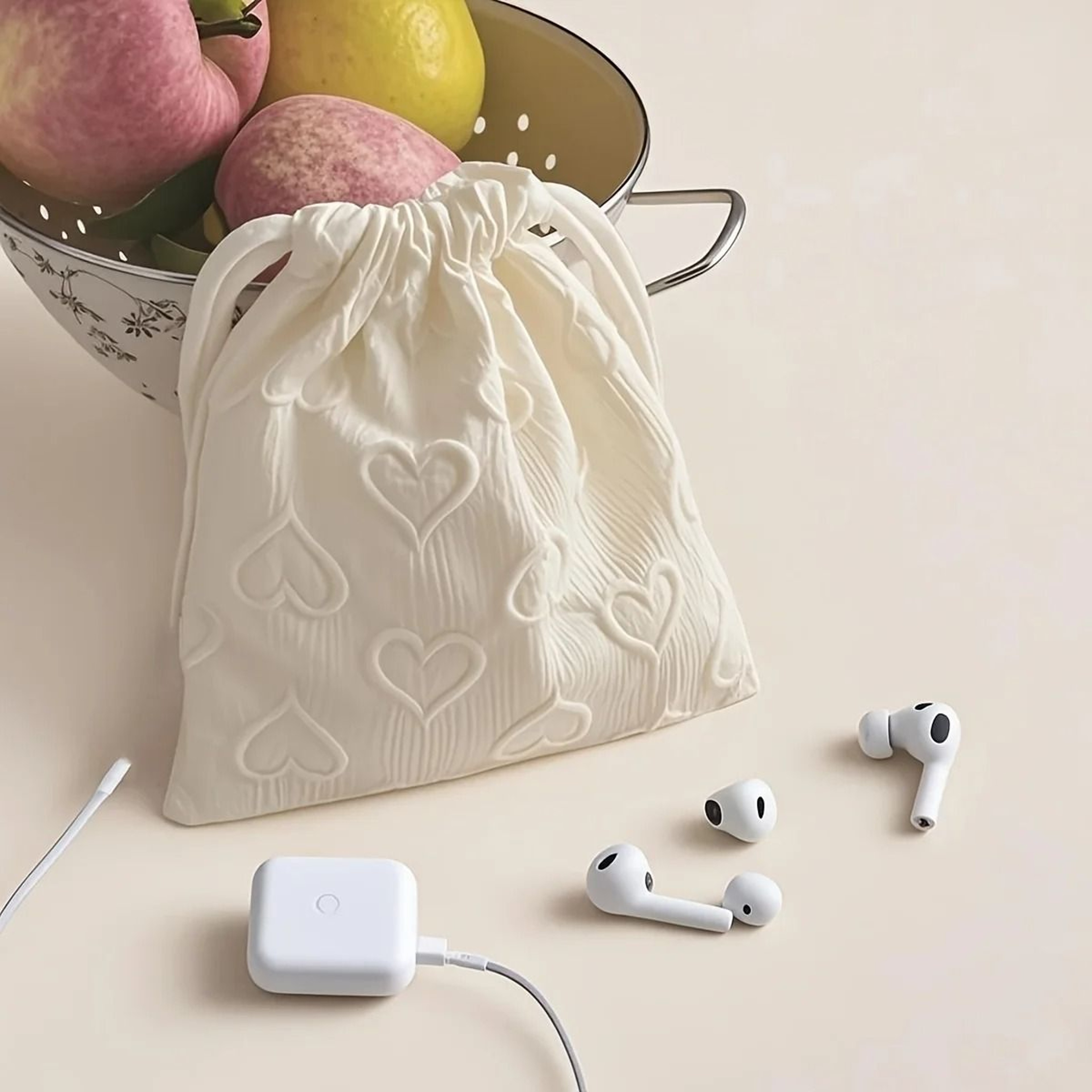 Cute Heart Print Drawstring Storage Bag Travel Cable Organizer 4