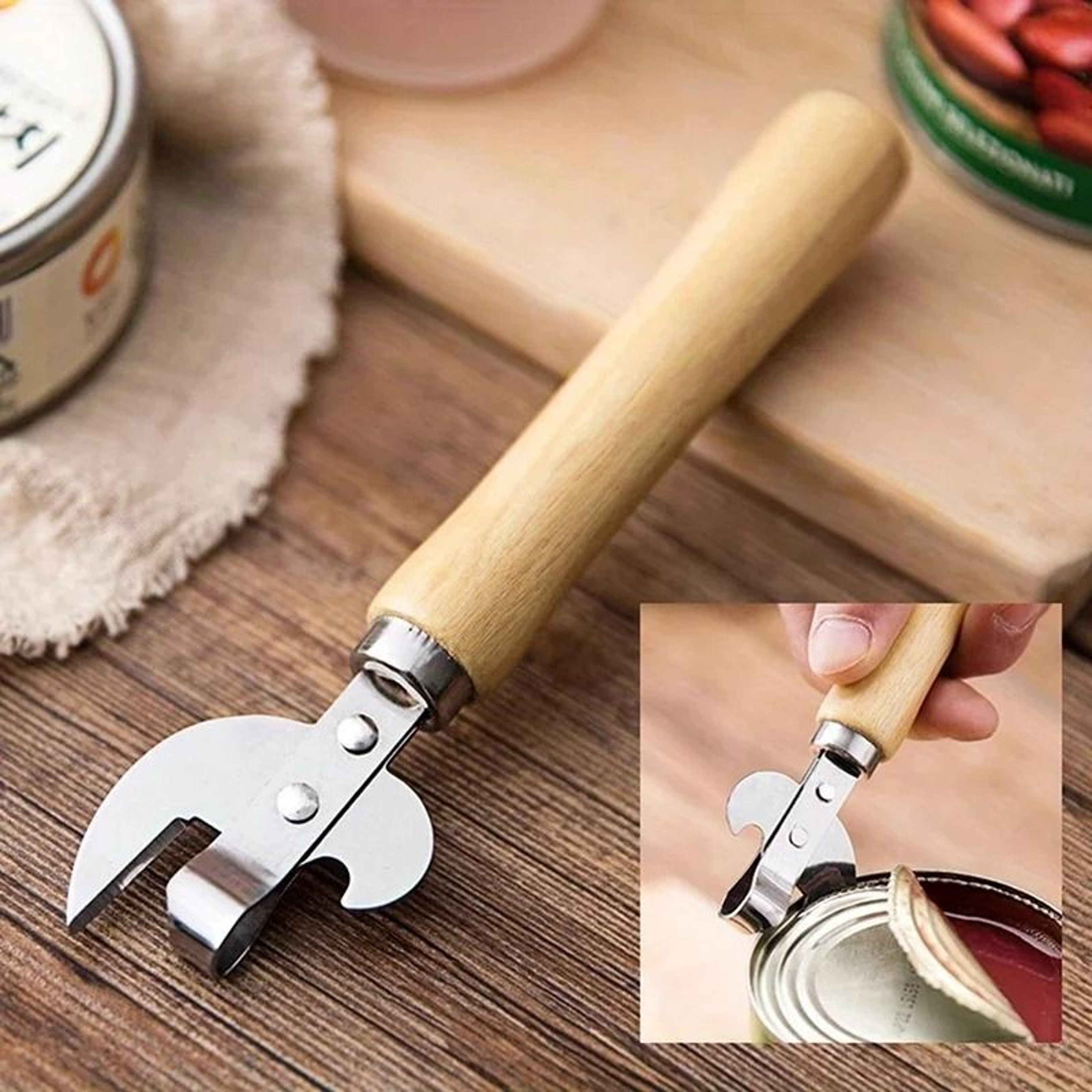 1 PC Easy Grip Manual Can Opener With Wooden Handle Safe Jar And Bottle Opener 2