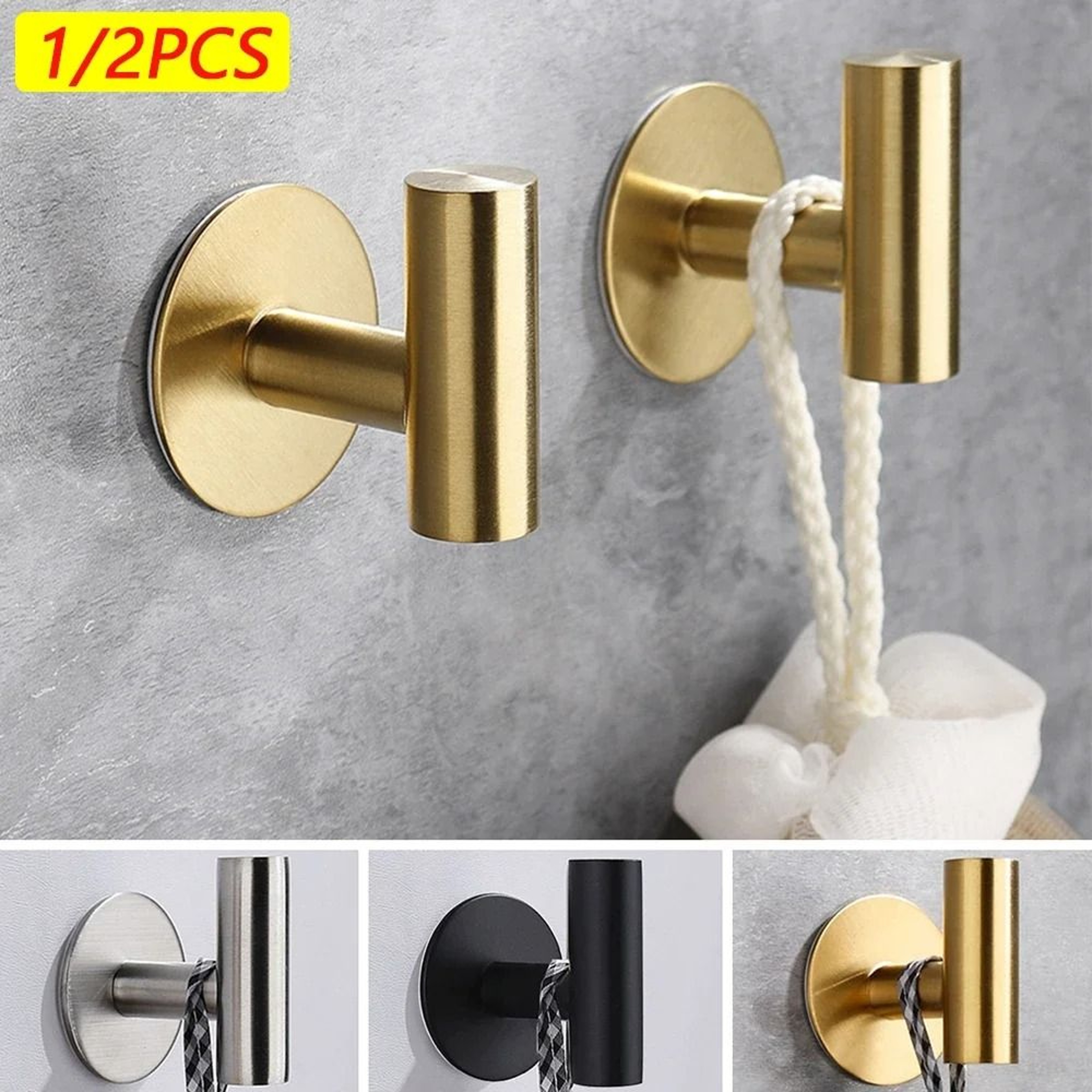 Stainless Steel Adhesive Wall Hooks Set Of 2 No Drill Bathroom And Kitchen Hooks 0