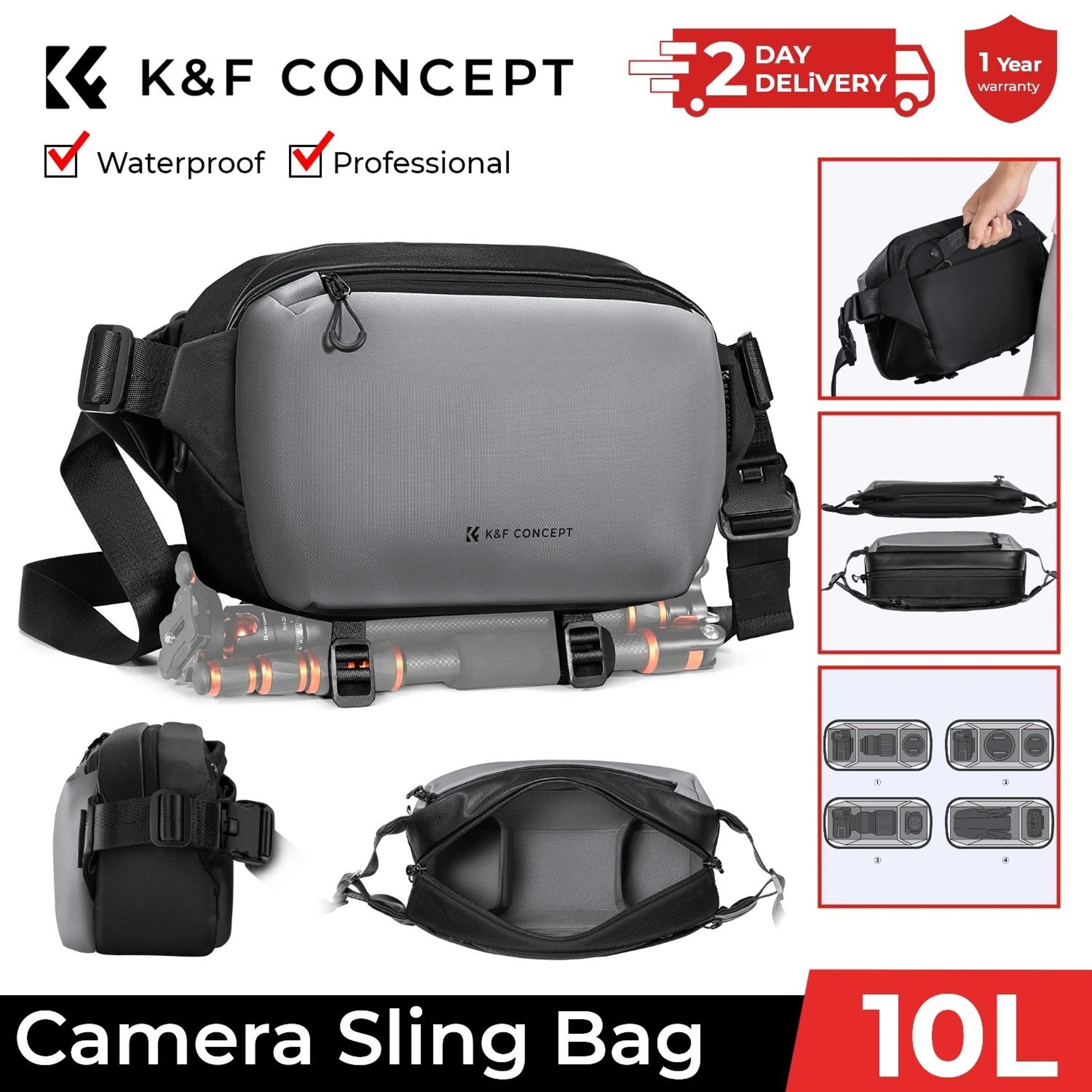 K And F Concept Waterproof Camera Sling Bag 10L 12L For Travel Photography With Tripod Holder 6