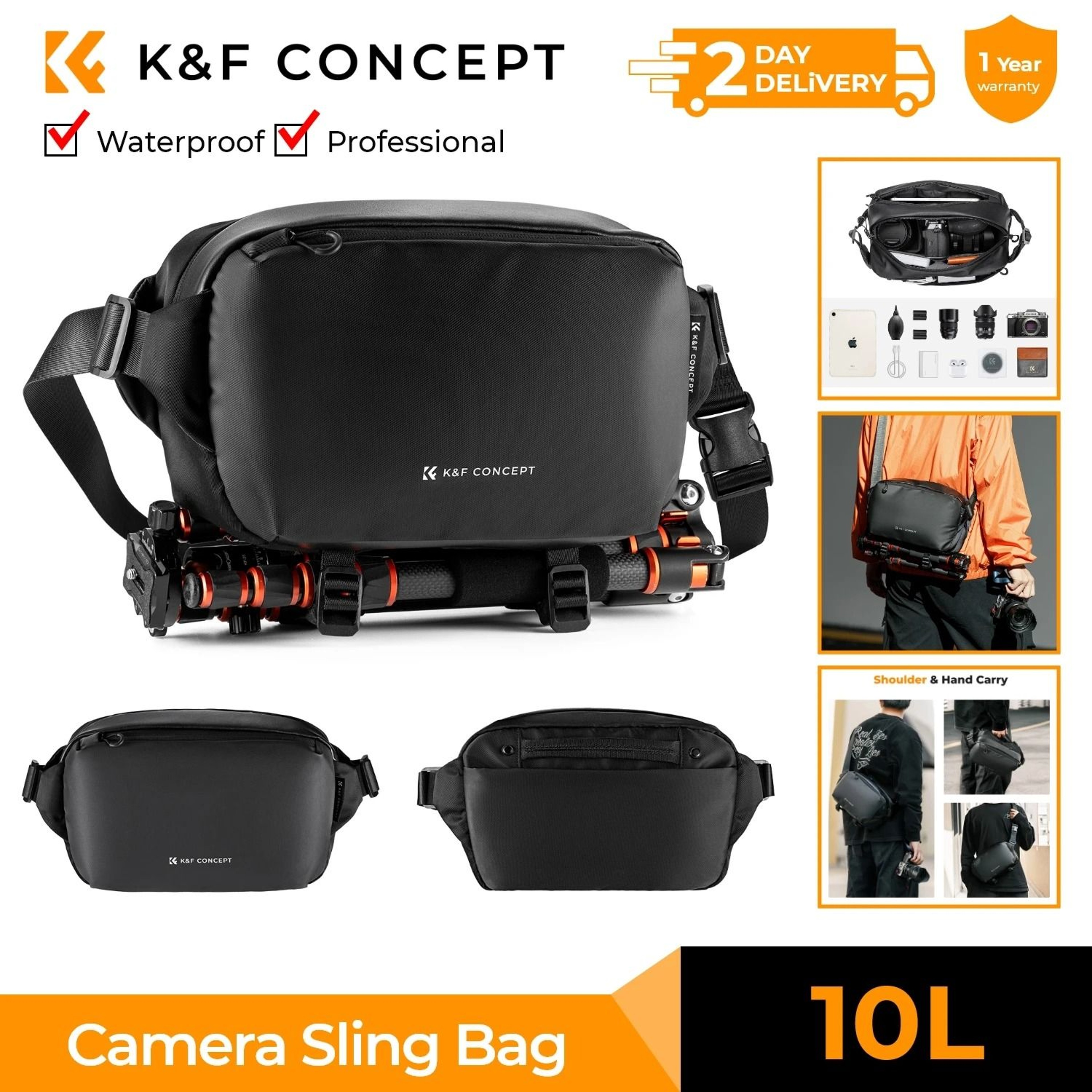 K And F Concept Waterproof Camera Sling Bag 10L 12L For Travel Photography With Tripod Holder 1