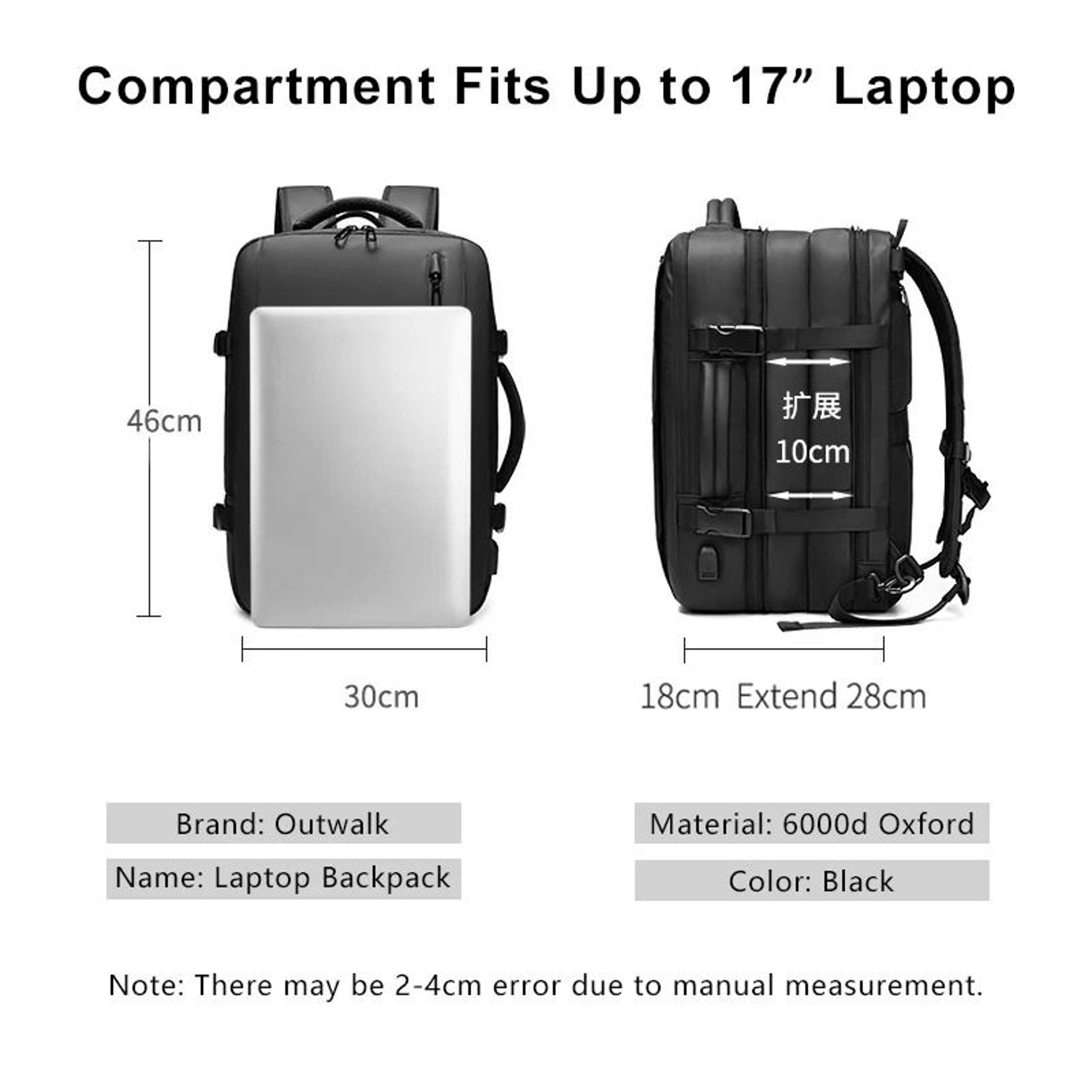 OUTWALK Expandable Waterproof Laptop Backpack 16 Inch With USB Charging Port 2