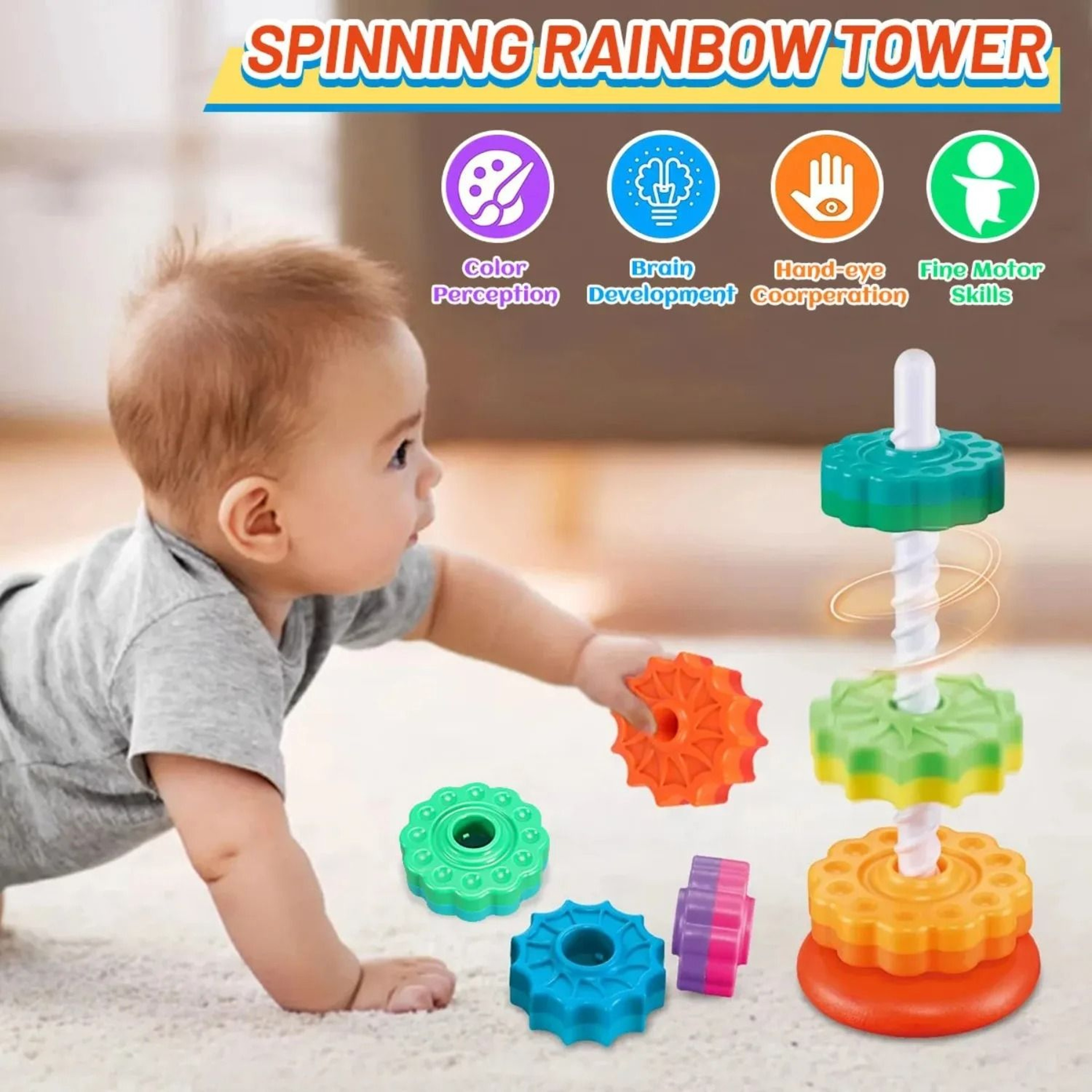 Rotating Rainbow Stack Tower Educational Puzzle Toy For Toddlers 4