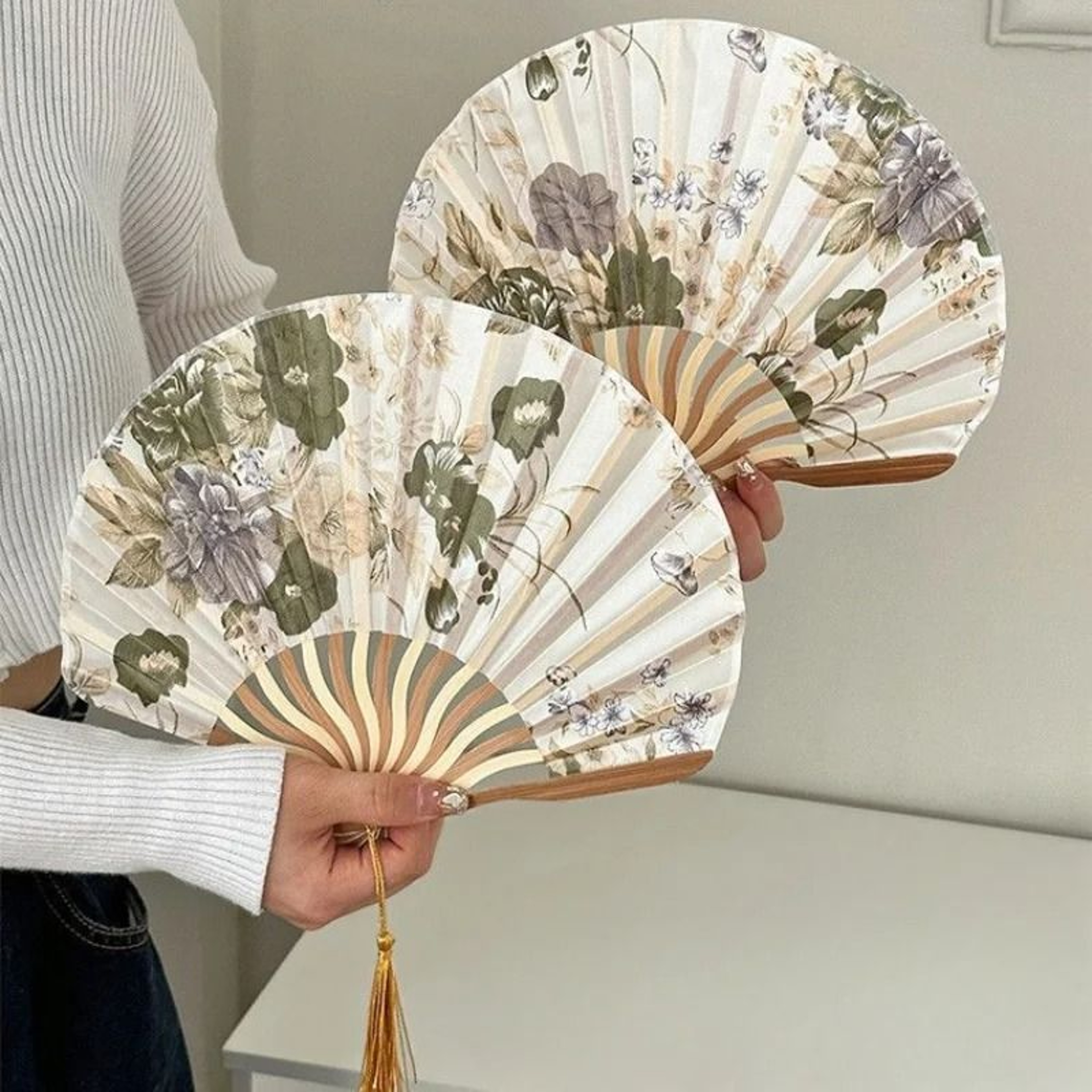 Chinese Classical Ink Folding Hand Fan With Tassel Traditional Decor Prop 0