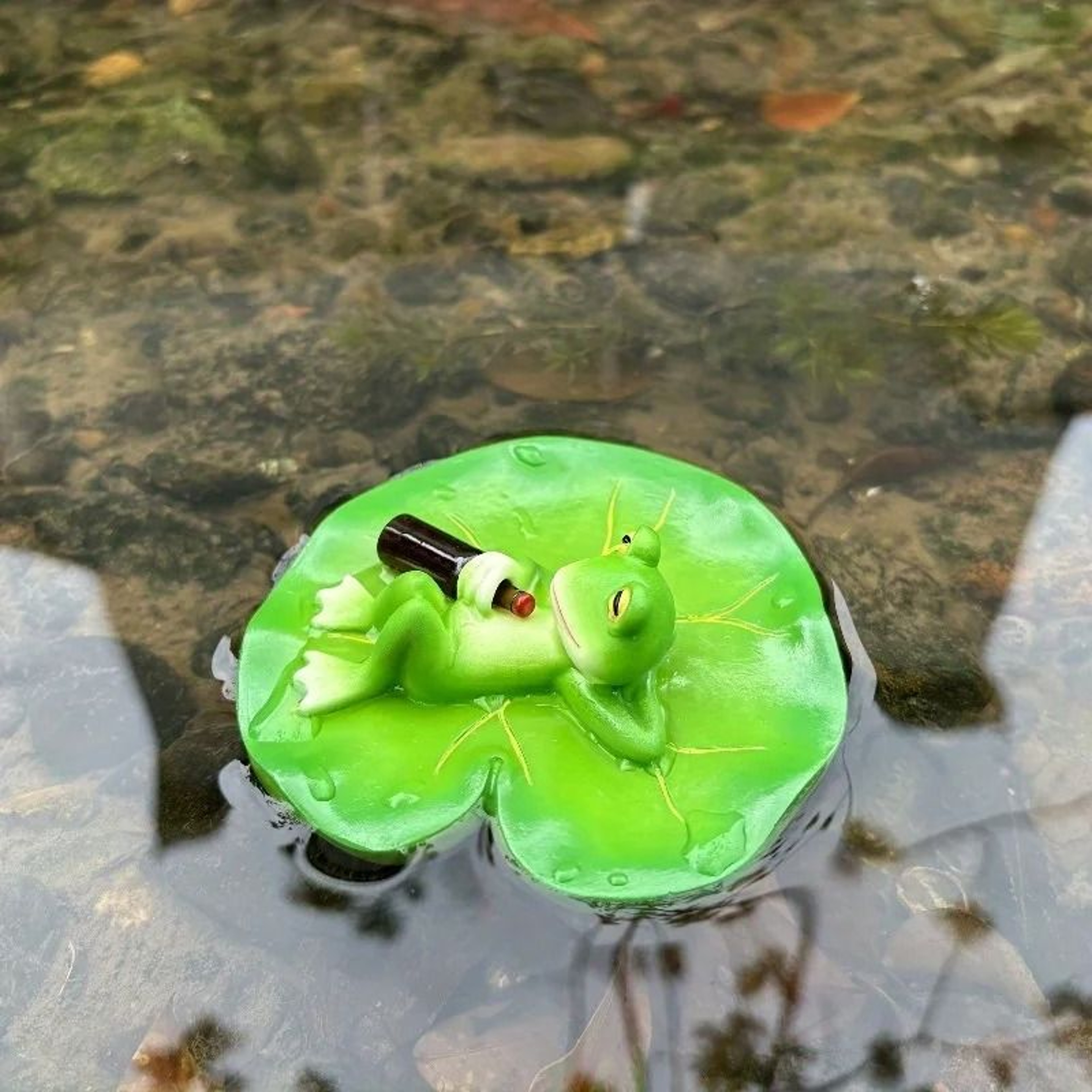 Funny Frog Garden Statue Resin Outdoor Decor With Lotus Leaf And Beer Bottle 4