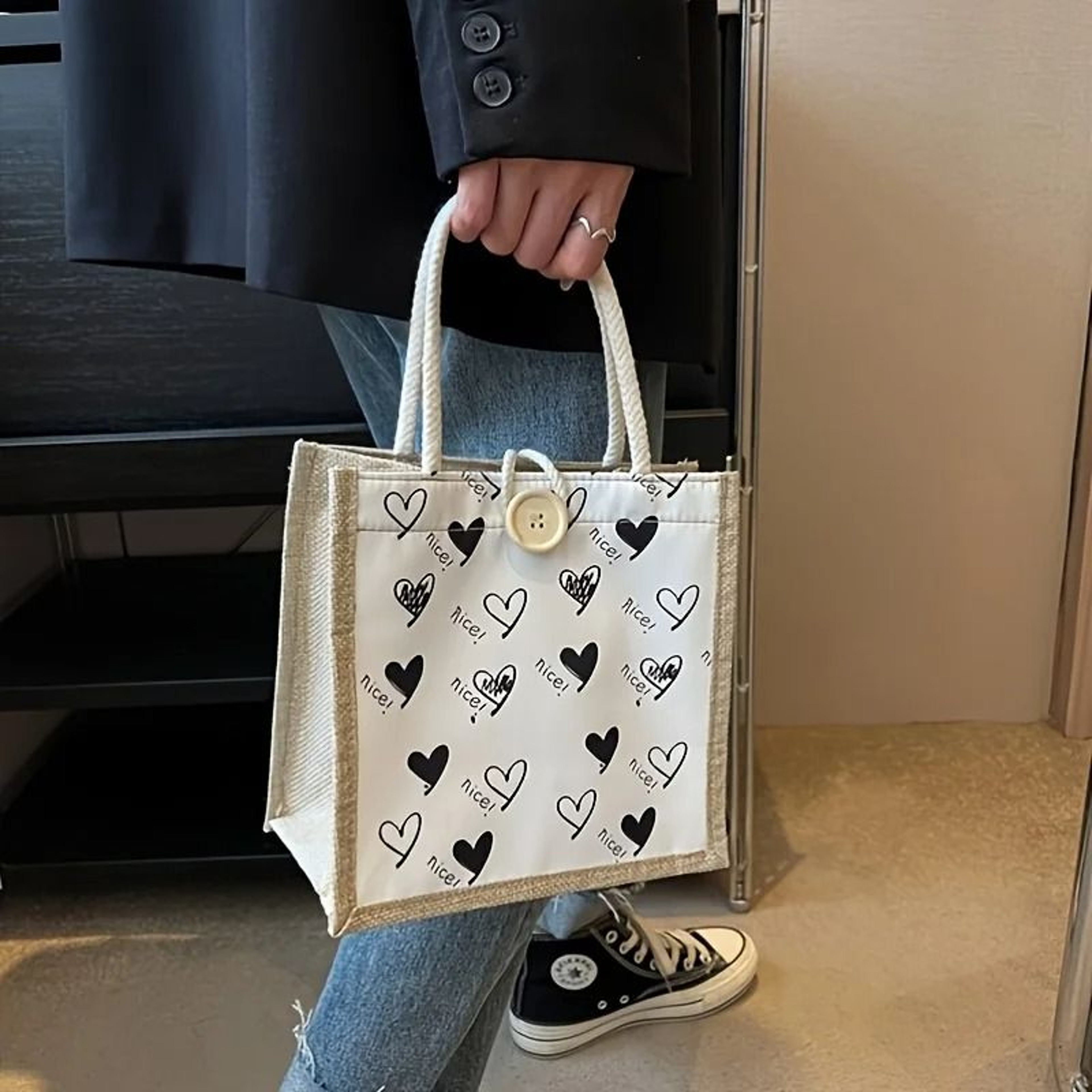 Canvas Tote Bag Linen Handbag Large Capacity Reusable Shopping And Beach Bag With Button 4