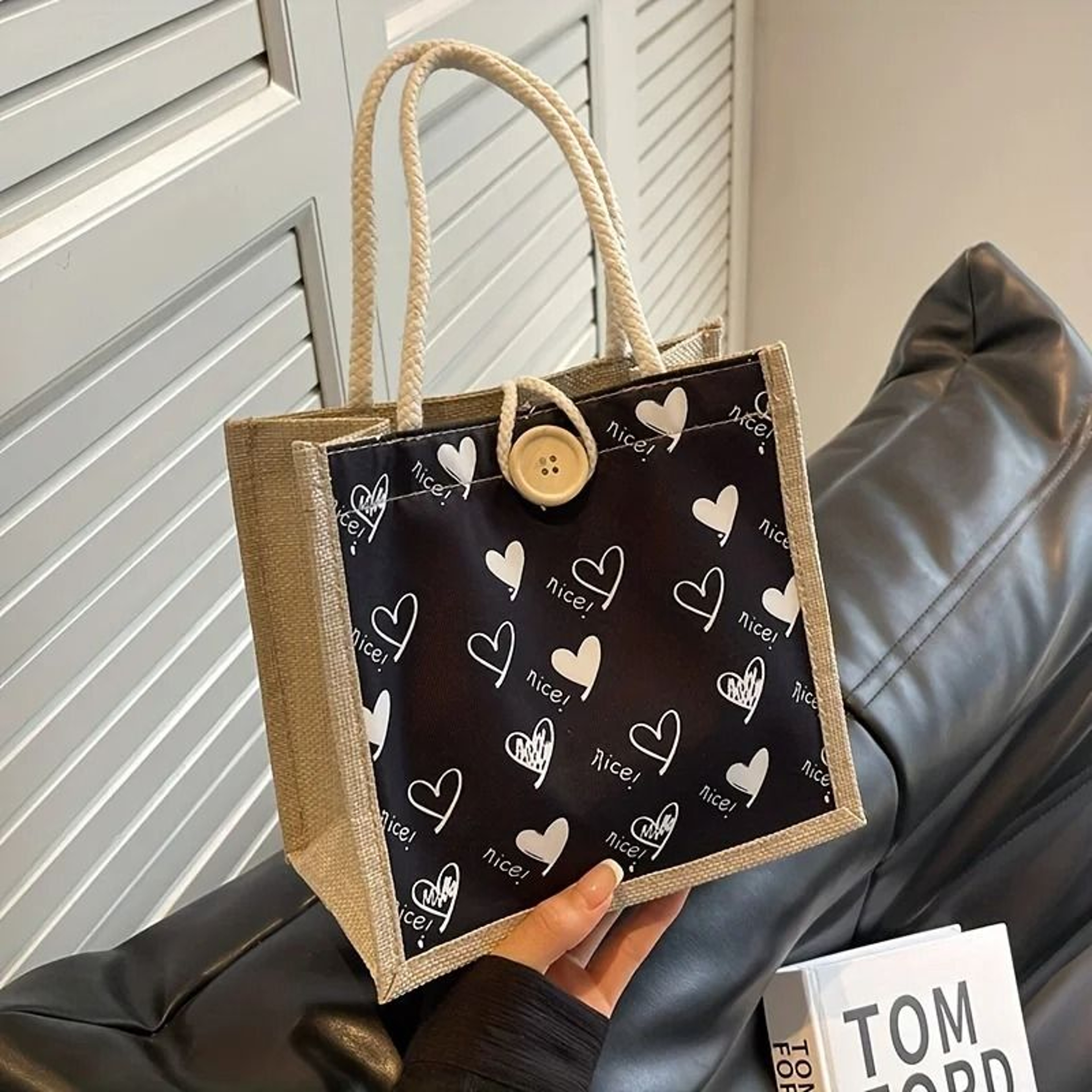 Canvas Tote Bag Linen Handbag Large Capacity Reusable Shopping And Beach Bag With Button 5
