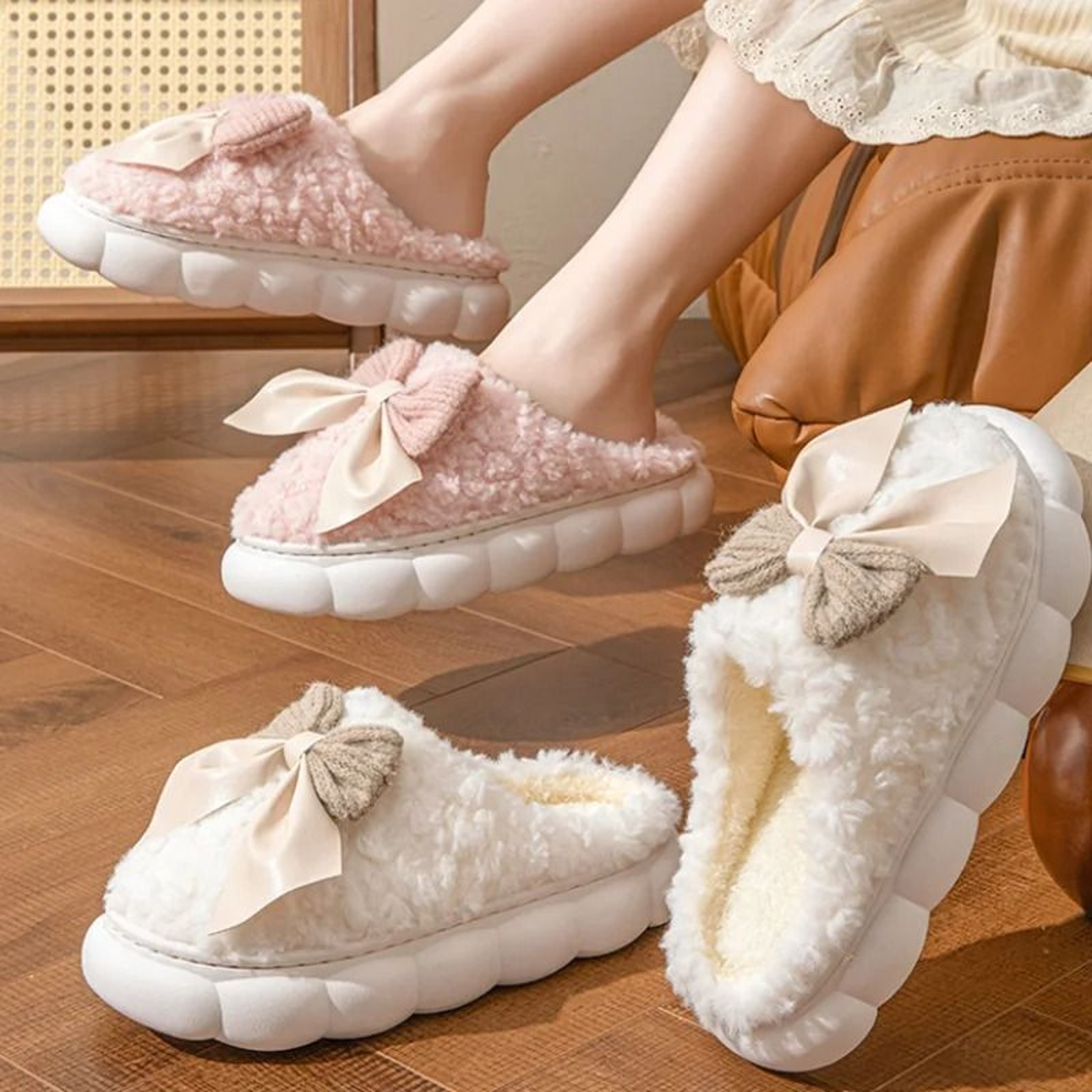 Winter Warm Fur Slippers For Women Soft Plush Bow Indoor House Shoes 7