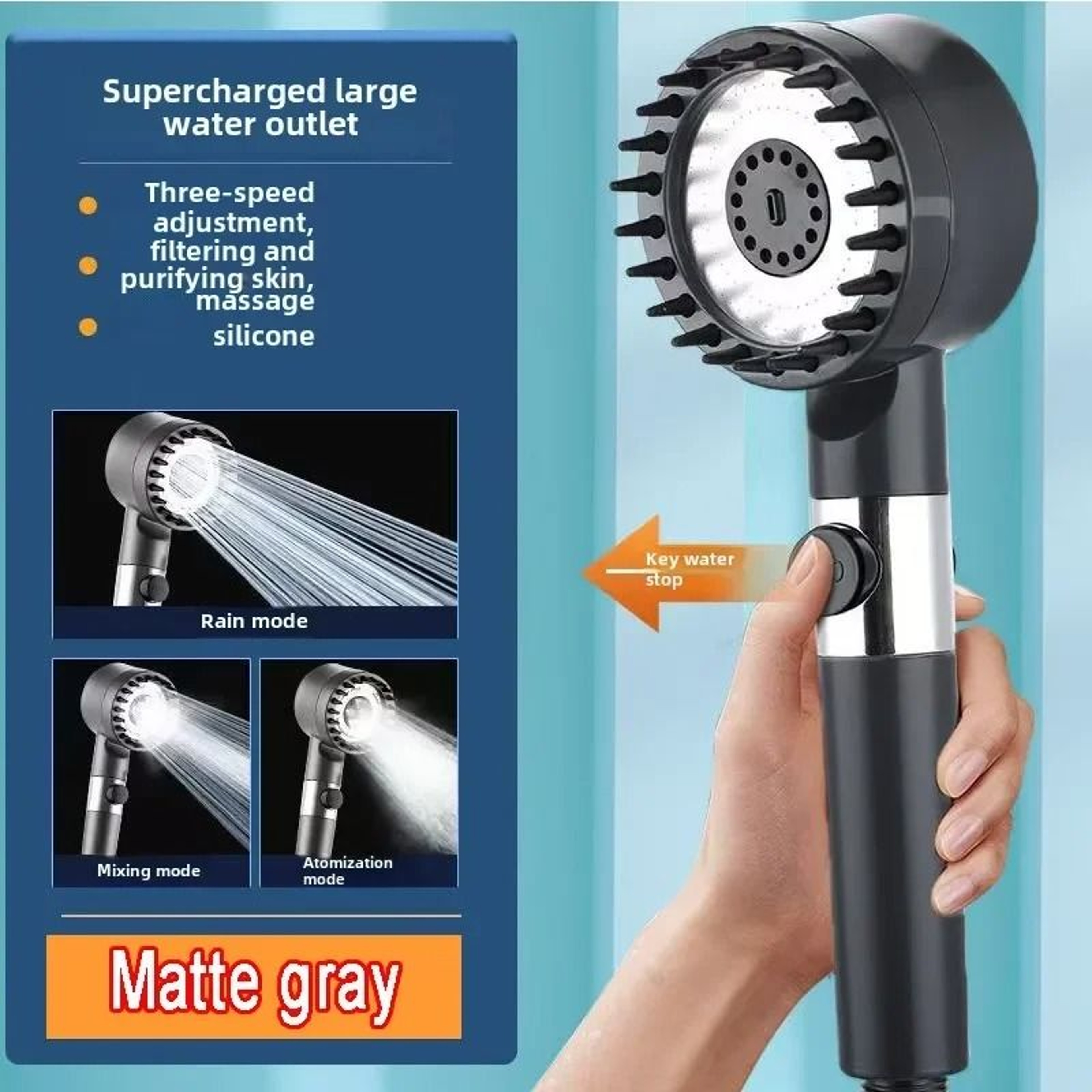High Pressure Shower Head Rainfall 3 Mode Shower Head With Filter And Water Stop 4