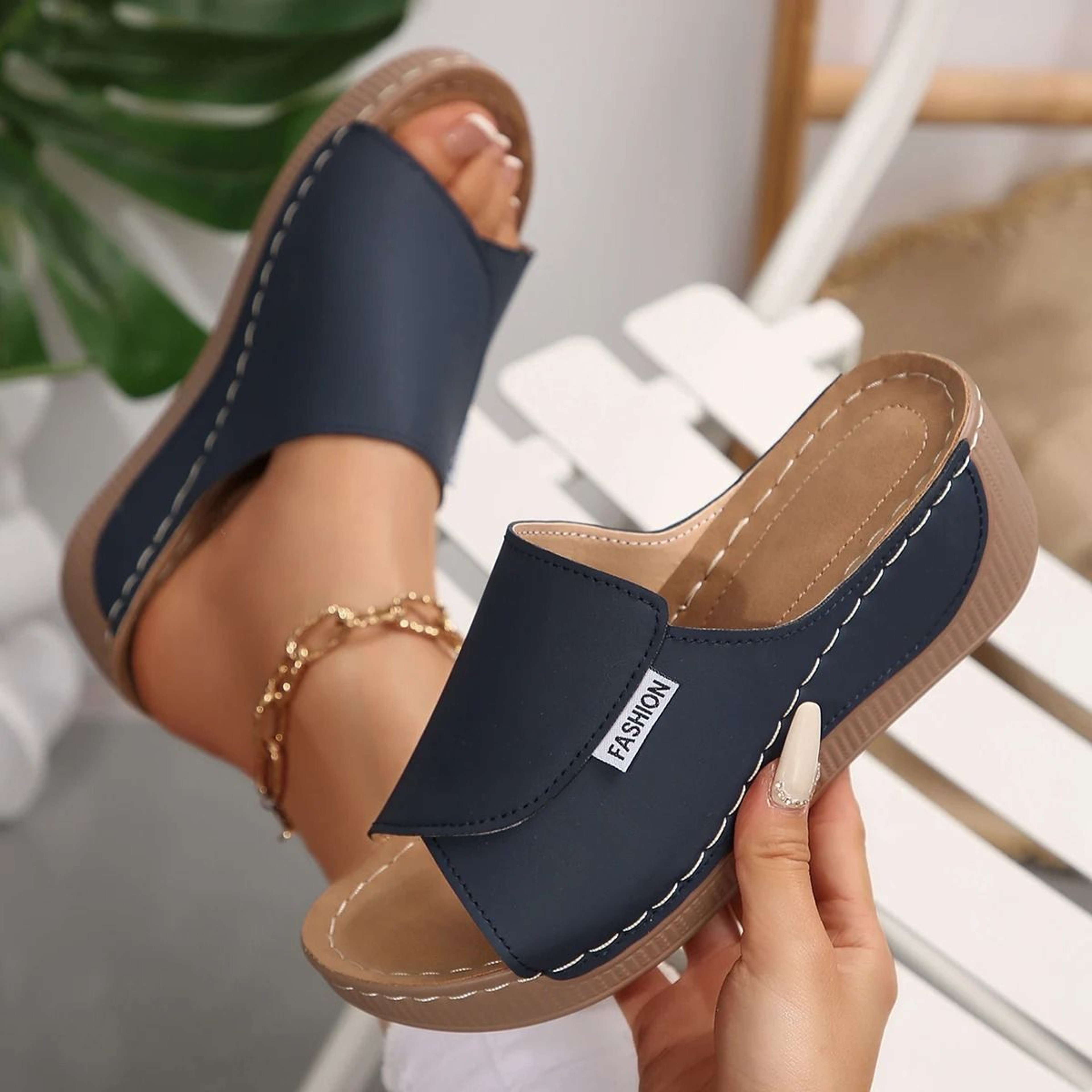 Womens Wedge Slippers Buckle Open Toe Slides Breathable Summer Sandals 2