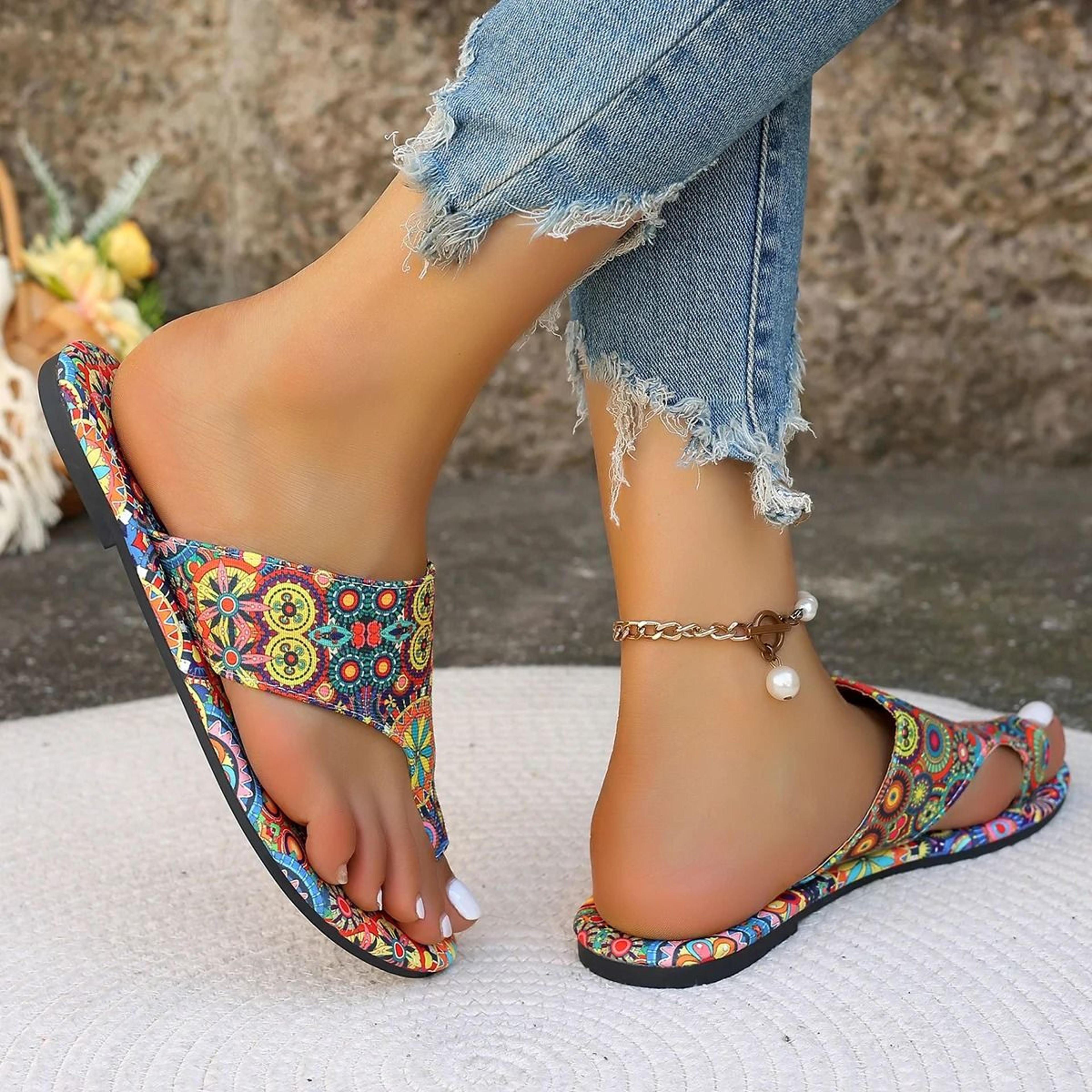 Bohemian Flower Slippers Womens Casual Slides Lightweight Flip Flops Big Size Sandals 3