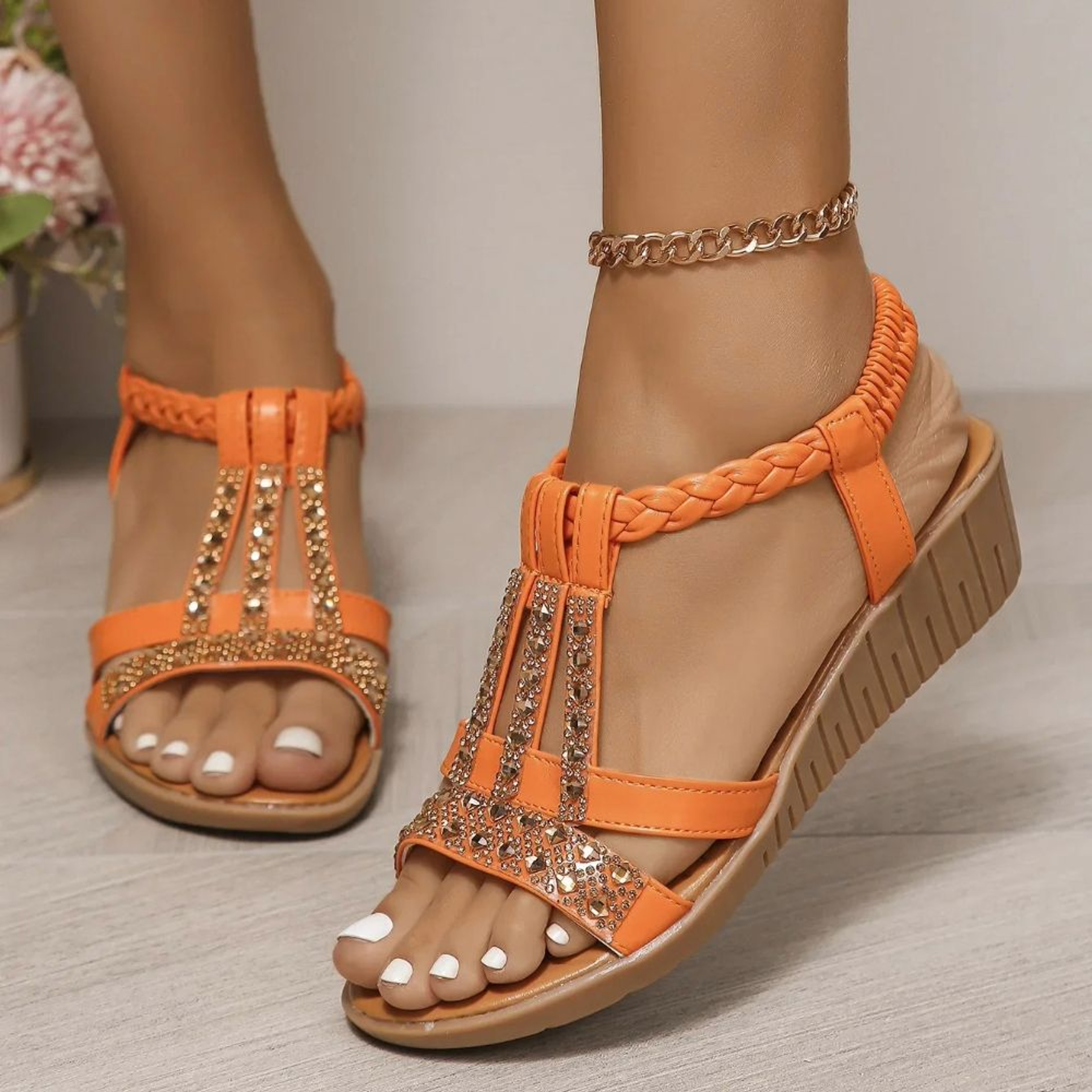 Boho Women Wedge Sandals With Rhinestone Platform And Peep Toe 18