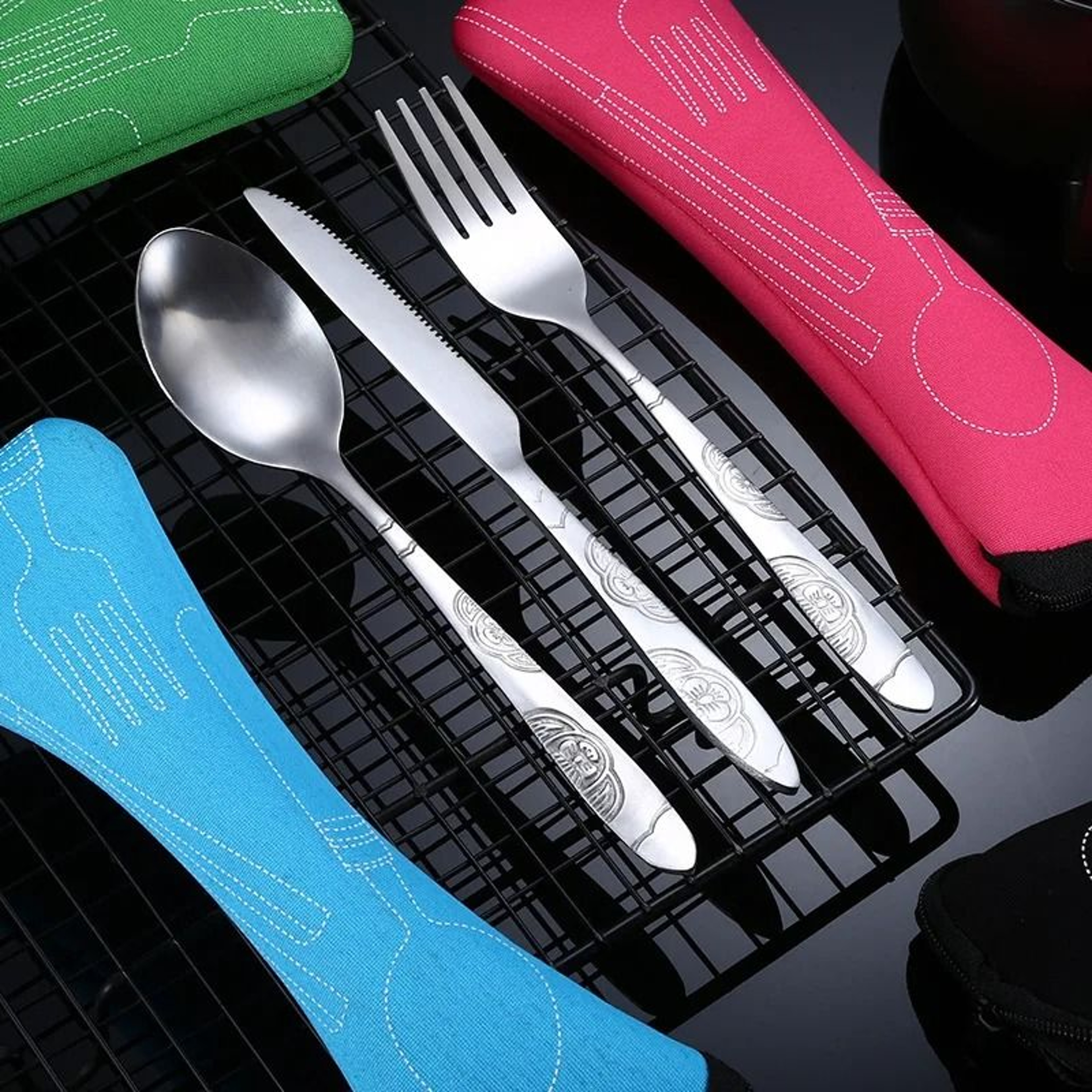 Portable Travel Cutlery Set With Zipper Case Washable Camping Utensil Kit 7
