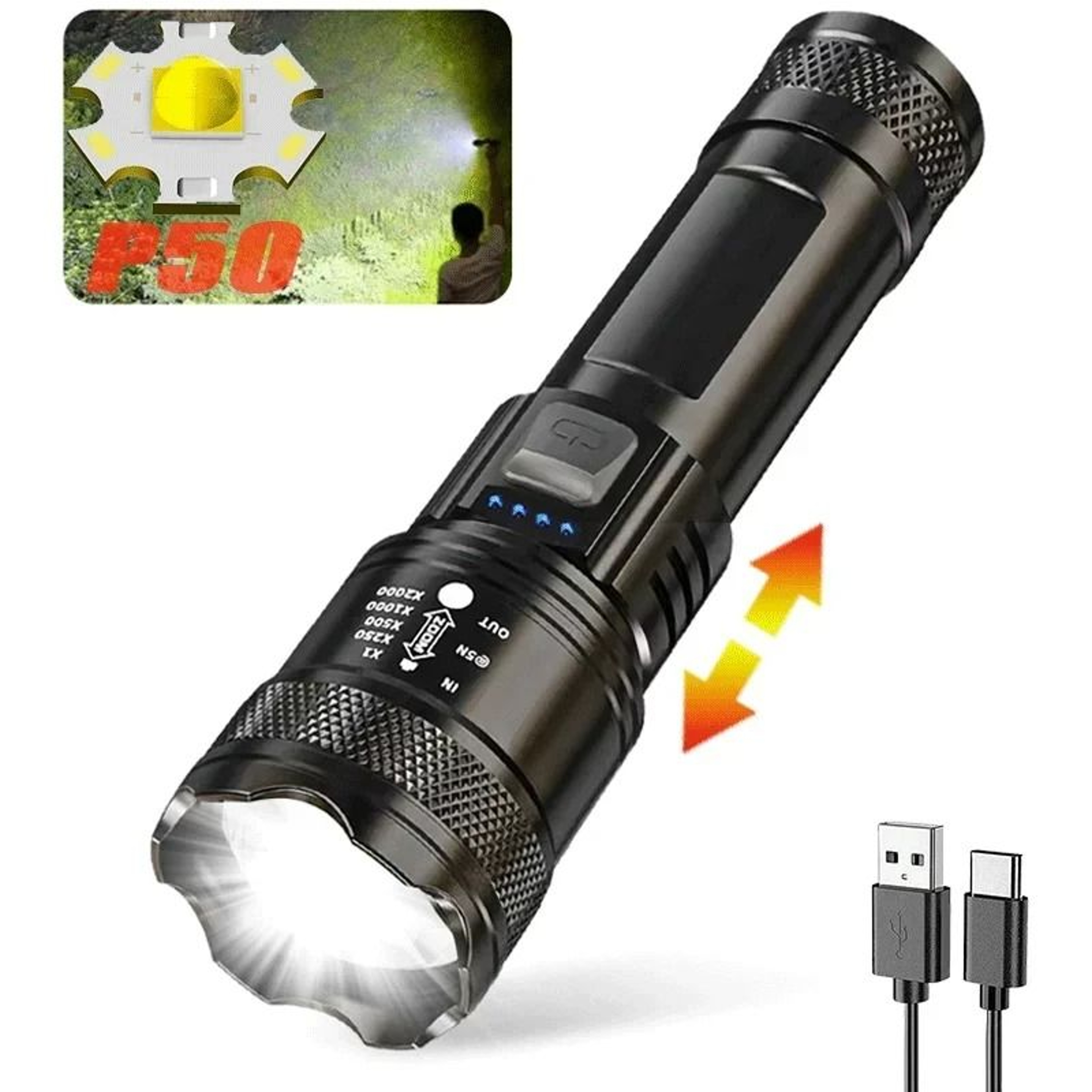 P70 Ultra Bright Flashlight Rechargeable Tactical LED Zoom Light With Built In Battery 2