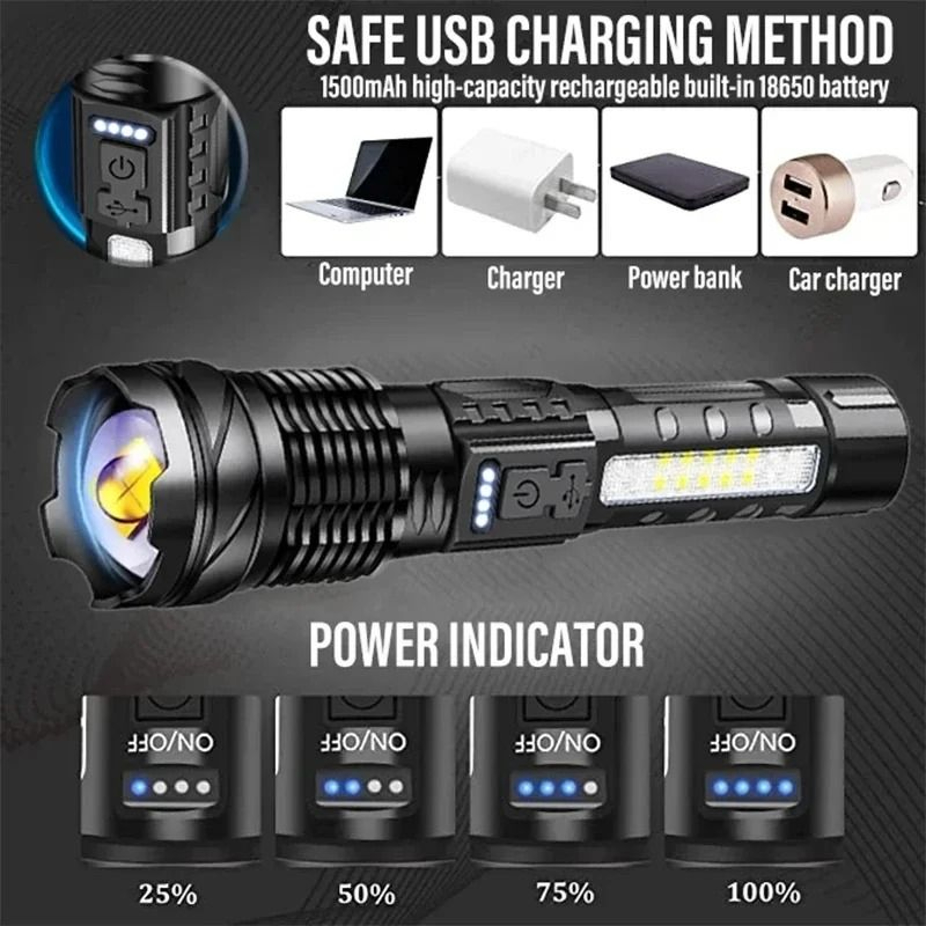 XHP50 LED Flashlight USB Rechargeable Waterproof Zoom Torch With Side Light 5