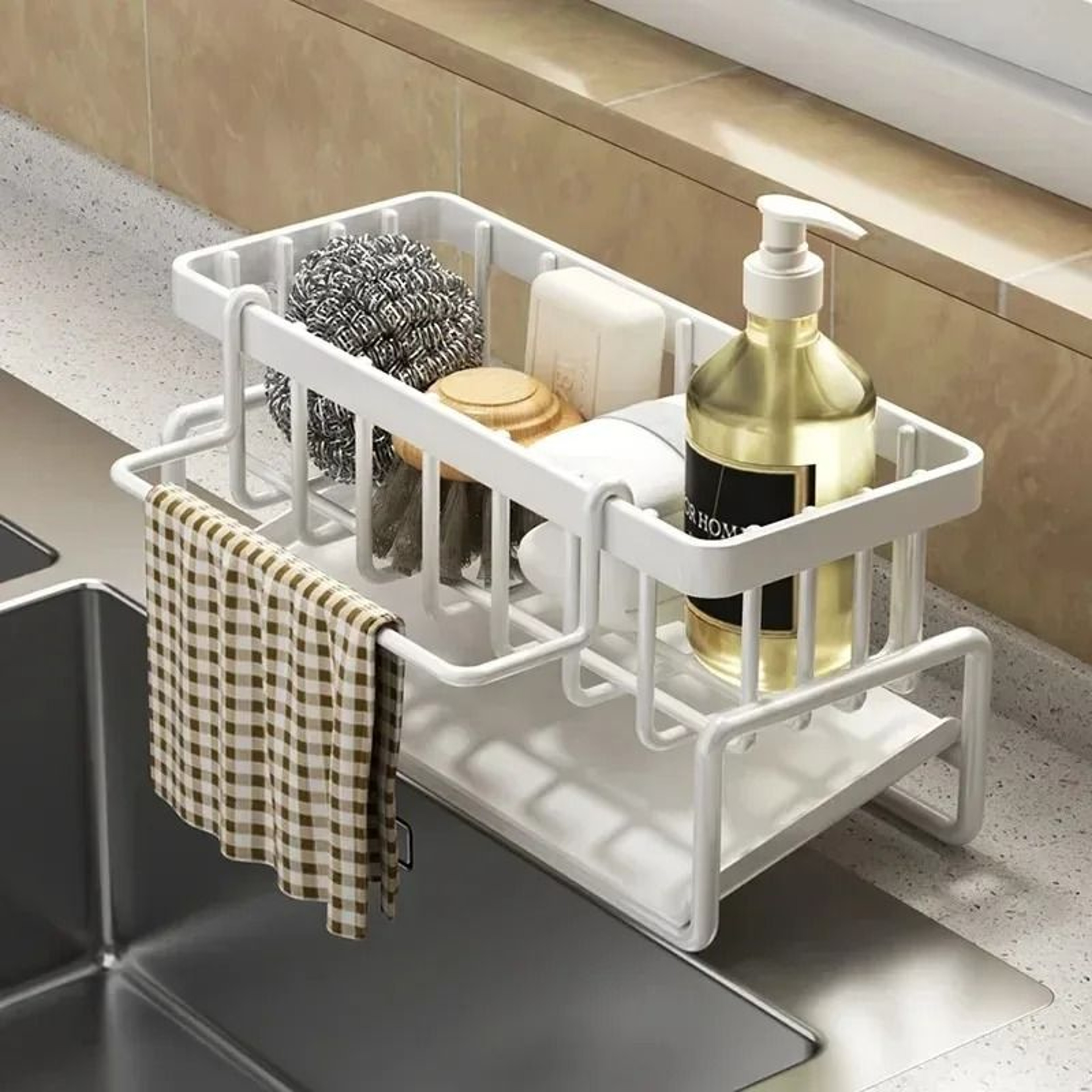 Multifunctional Kitchen Sink Organizer Adhesive Spice Rack With Drainage And Hooks 3