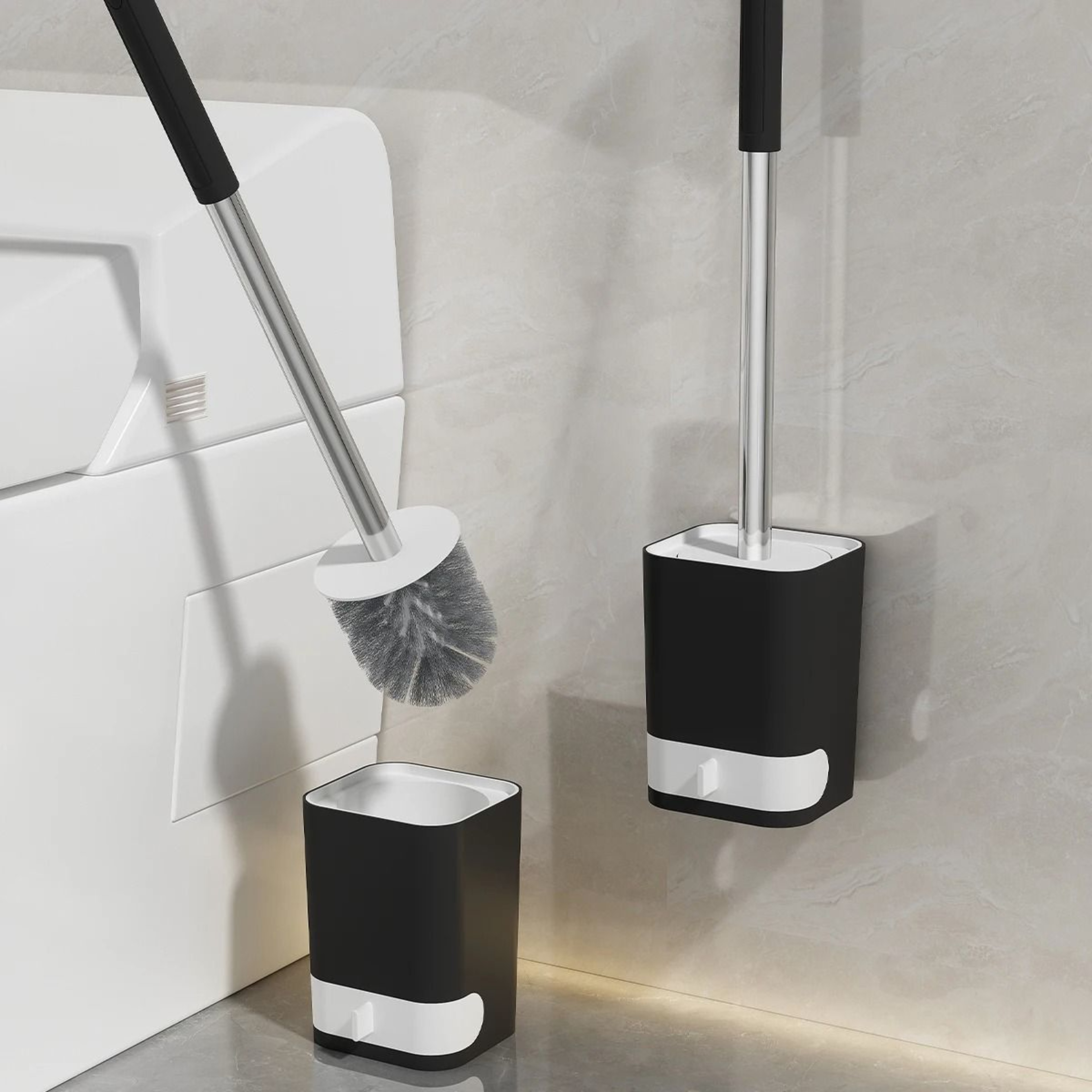 Wall Mounted Long Handle Toilet Brush Punch Free Bathroom Cleaner 0