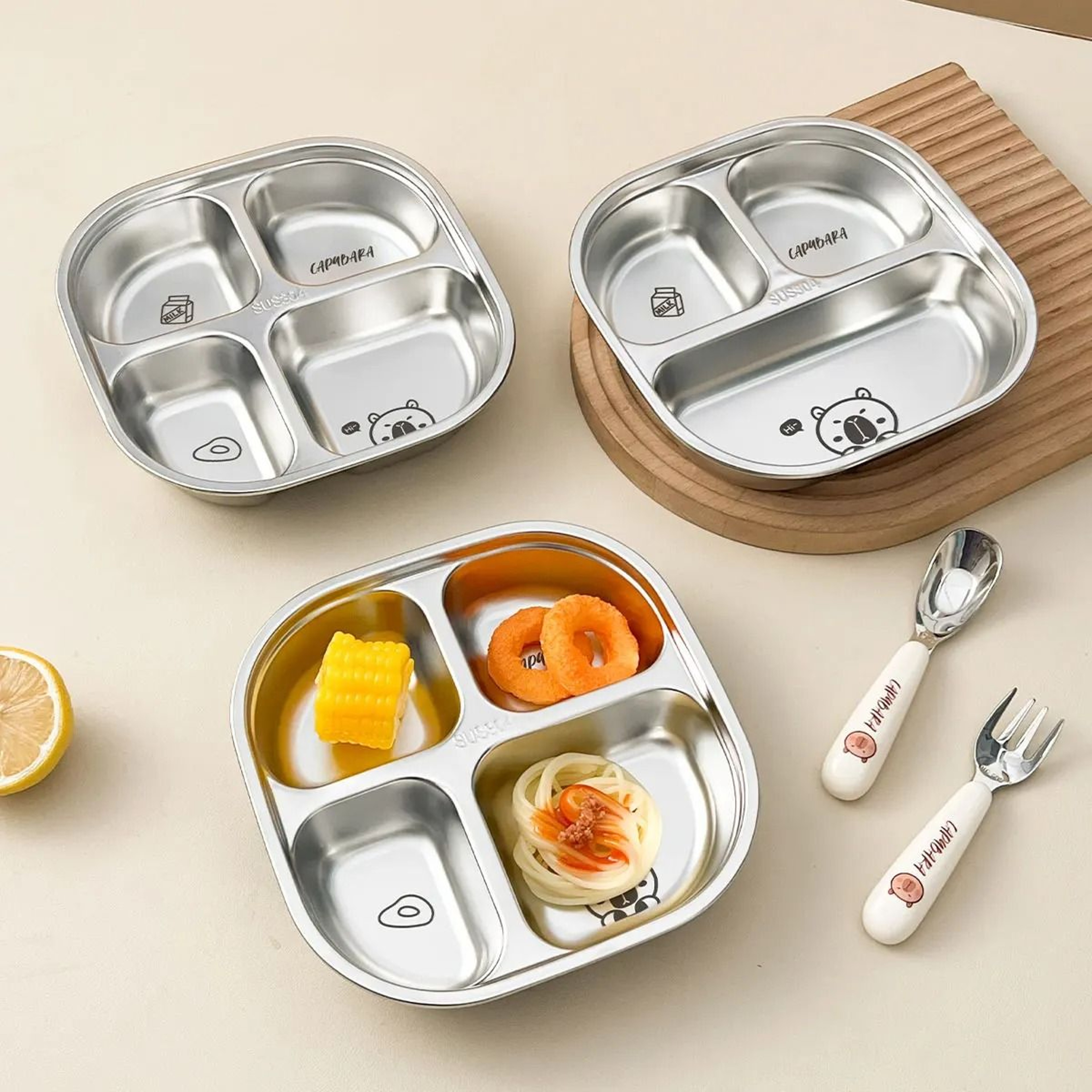 Capybara Stainless Steel Divided Plate 3 Compartment Kids Dinner Plate 0