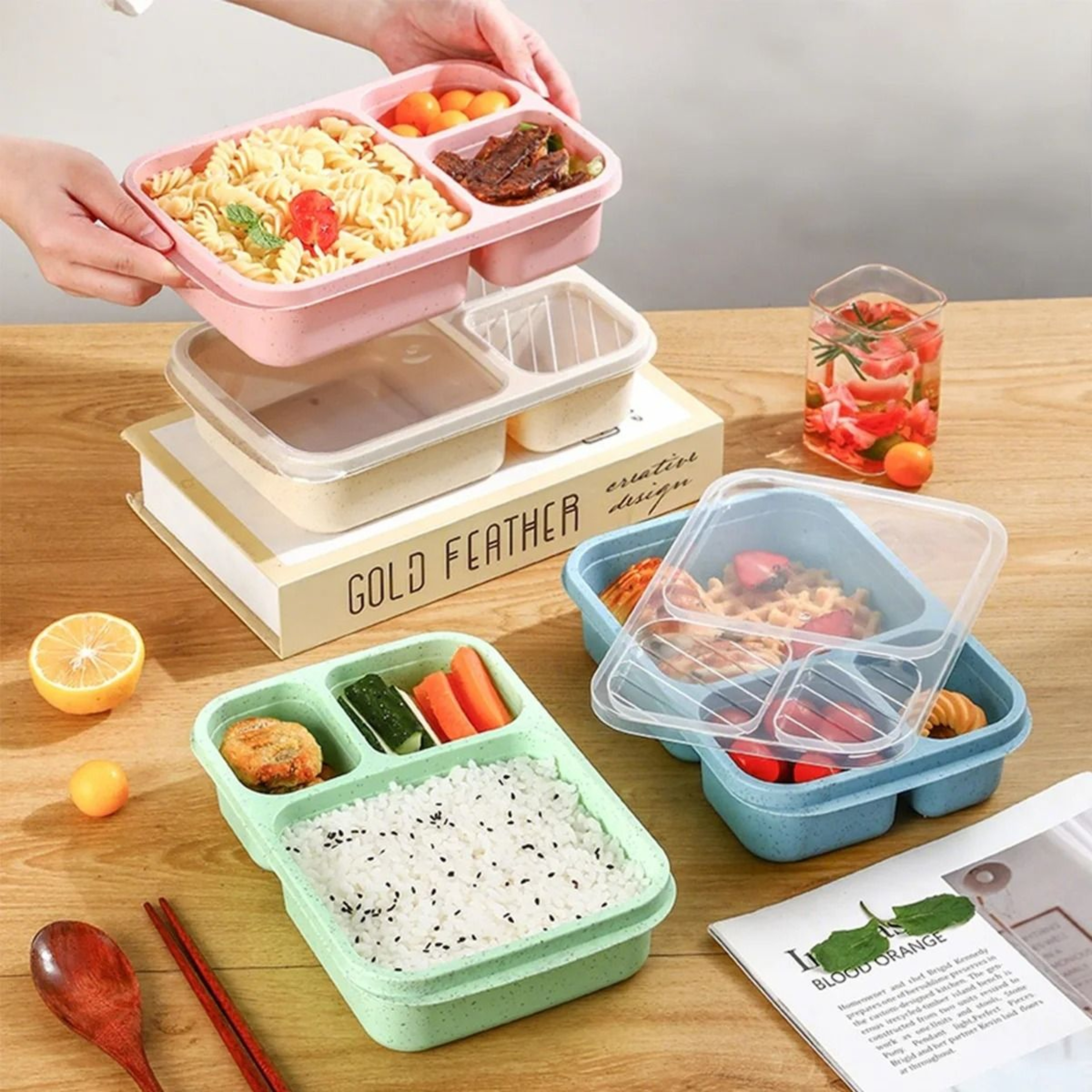 Divided Bento Lunch Box Microwave Safe 3 Compartment Portable Food Container 8