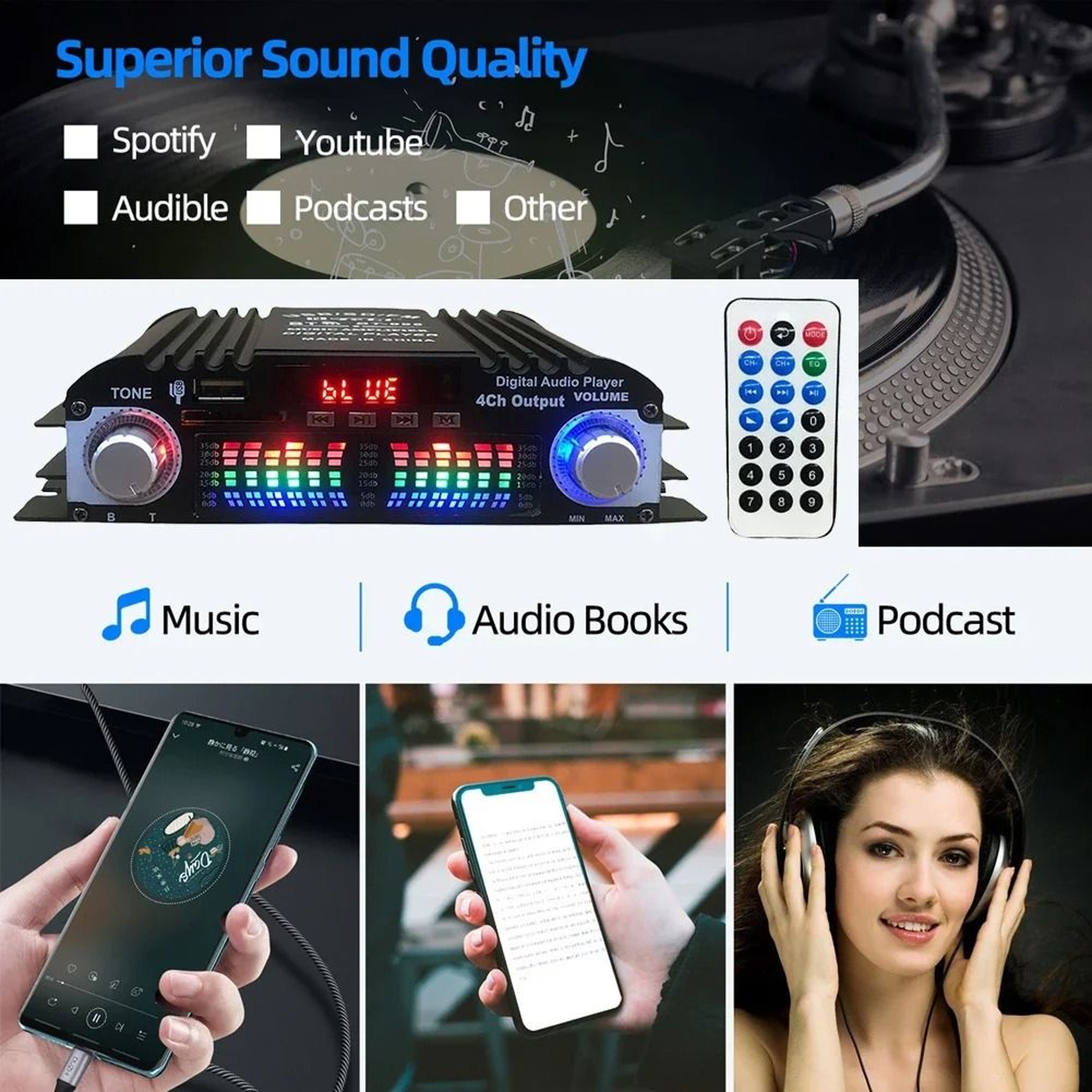 Bluetooth HiFi Power Amplifier 4 Channel Digital Audio Amplifier With FM And Remote 2