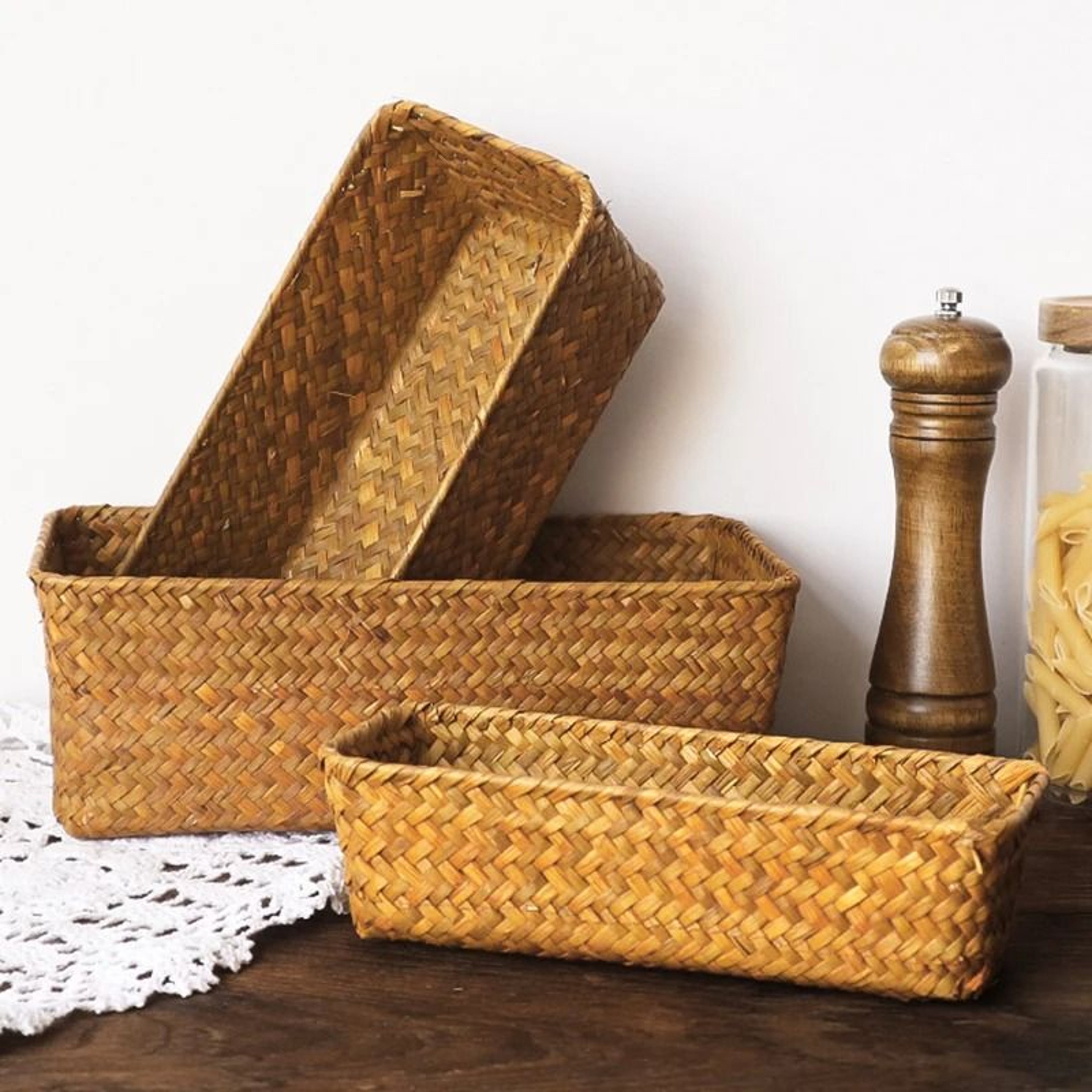 Woven Seagrass Rectangular Storage Basket For Home Organization 0