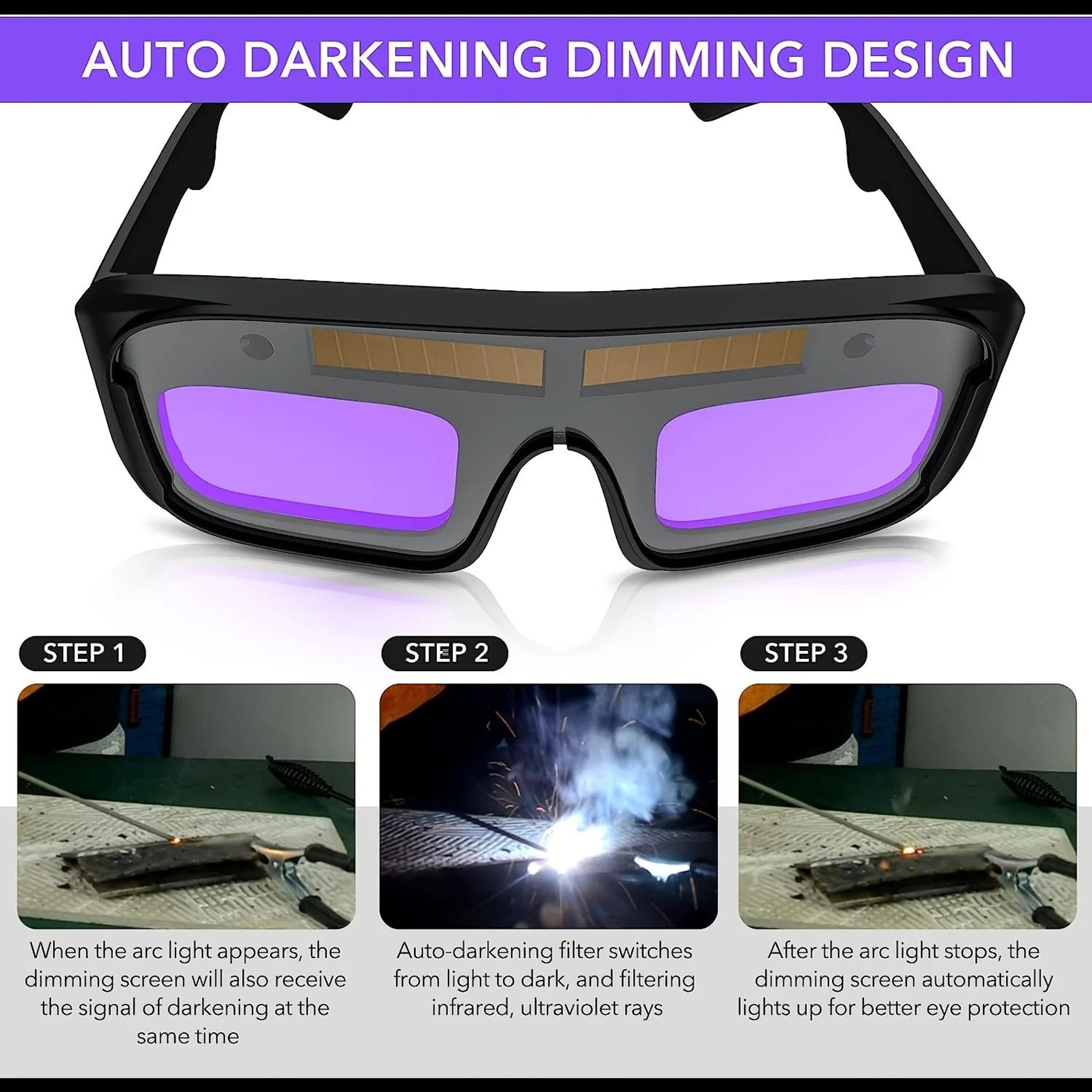 Solar Powered Auto Darkening Welding Glasses With Protective Film Set 6