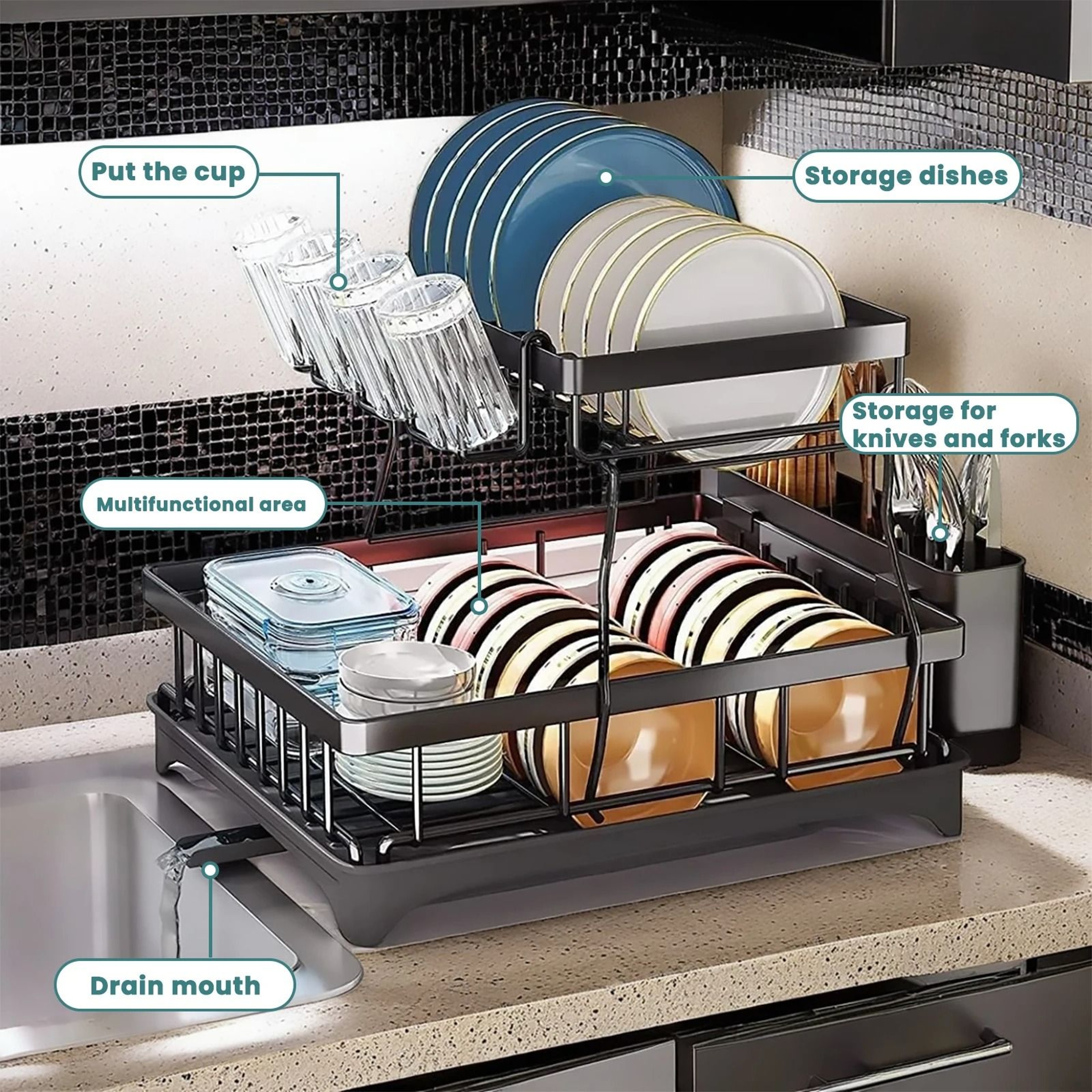 Large 2 Tier Dish Drying Rack Removable Countertop Dish Drainer For Kitchen 5