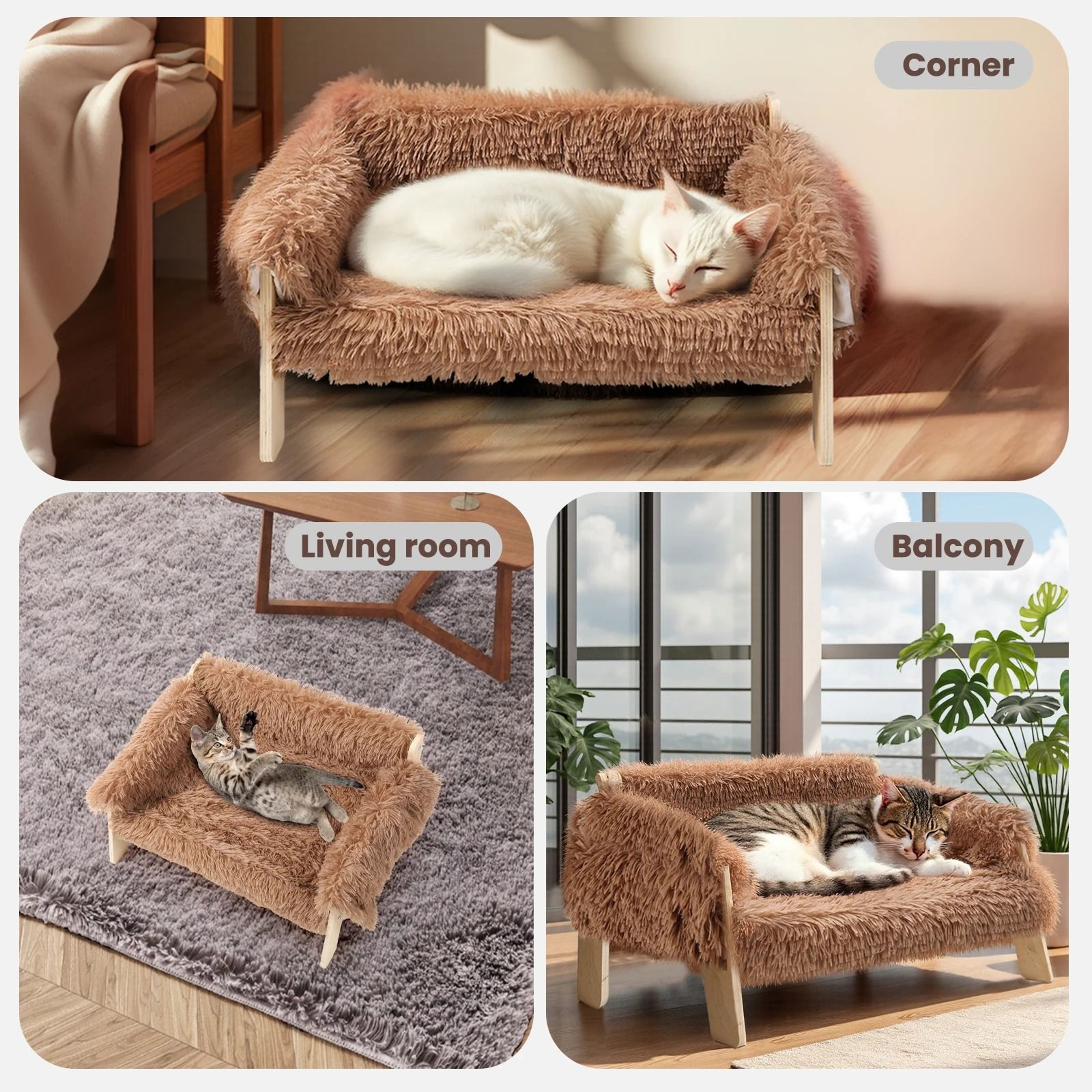 Large Raised Cat Bed Plush Sofa With Wooden Legs Soft Indoor Cat Couch 4