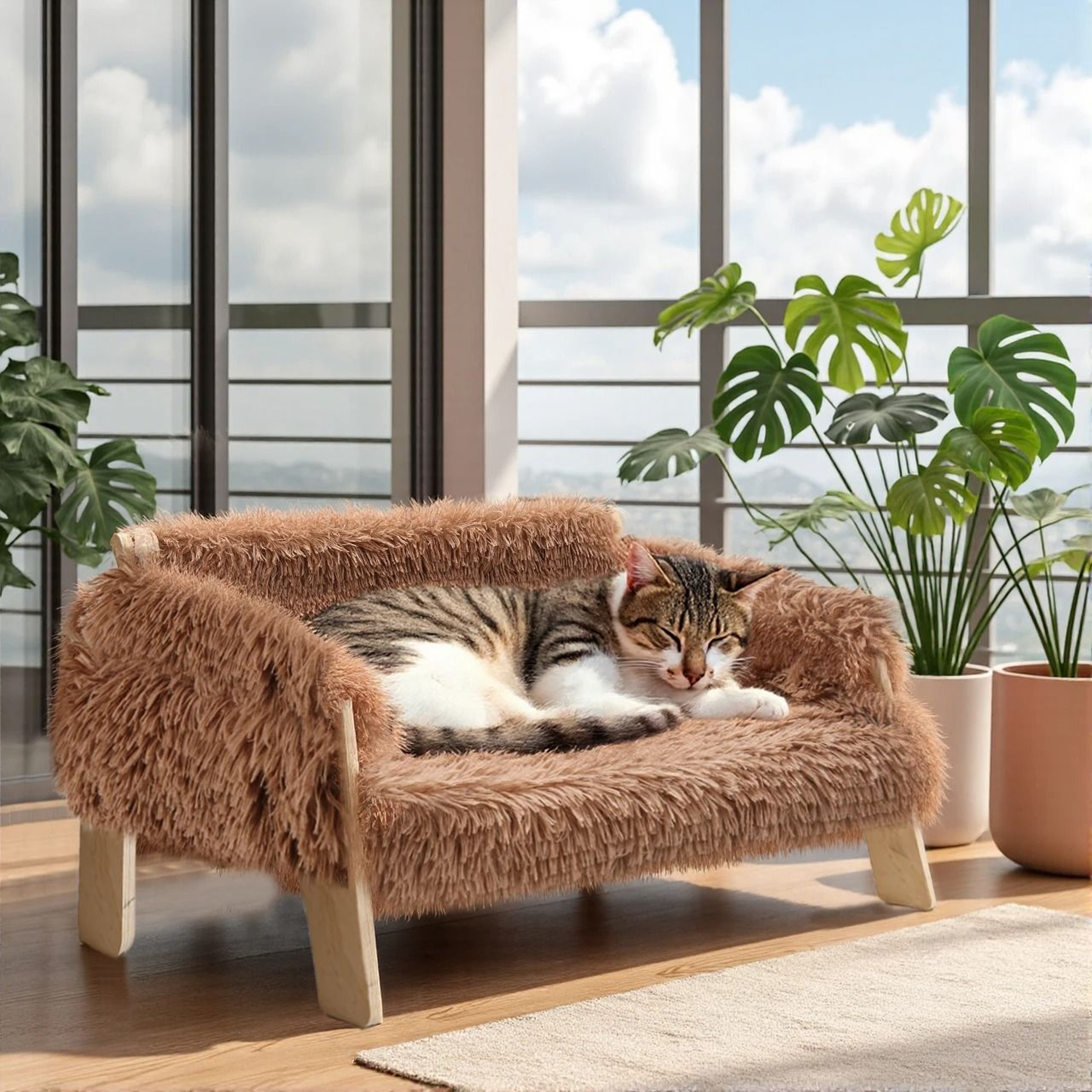 Large Raised Cat Bed Plush Sofa With Wooden Legs Soft Indoor Cat Couch 7