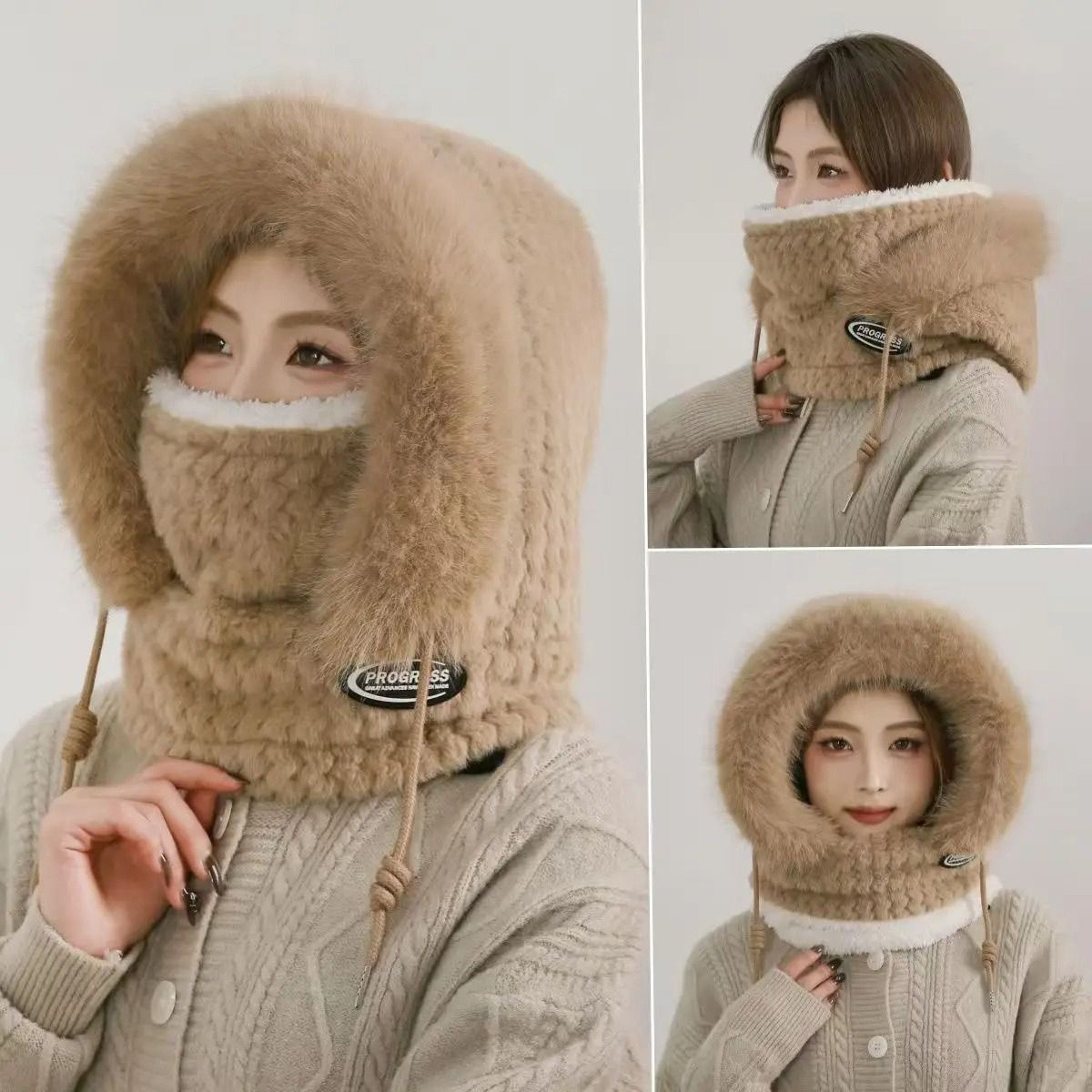 Women Thermal Plush Hood Hat Scarf Mask Set Windproof Winter Wear 7