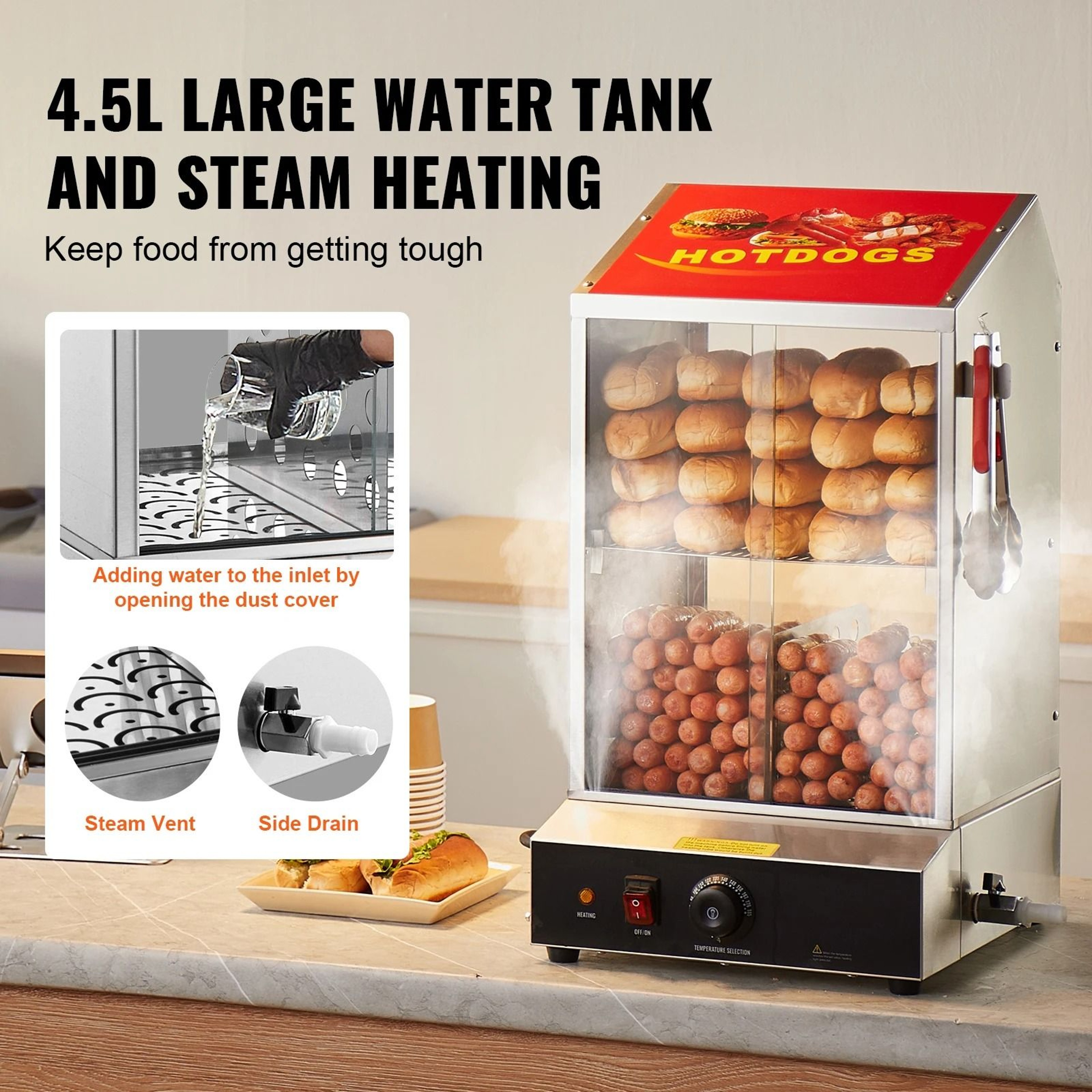 SucceBuy 36L Commercial Hot Dog Steamer With Temperature Control And Electric Bun Warmer 1