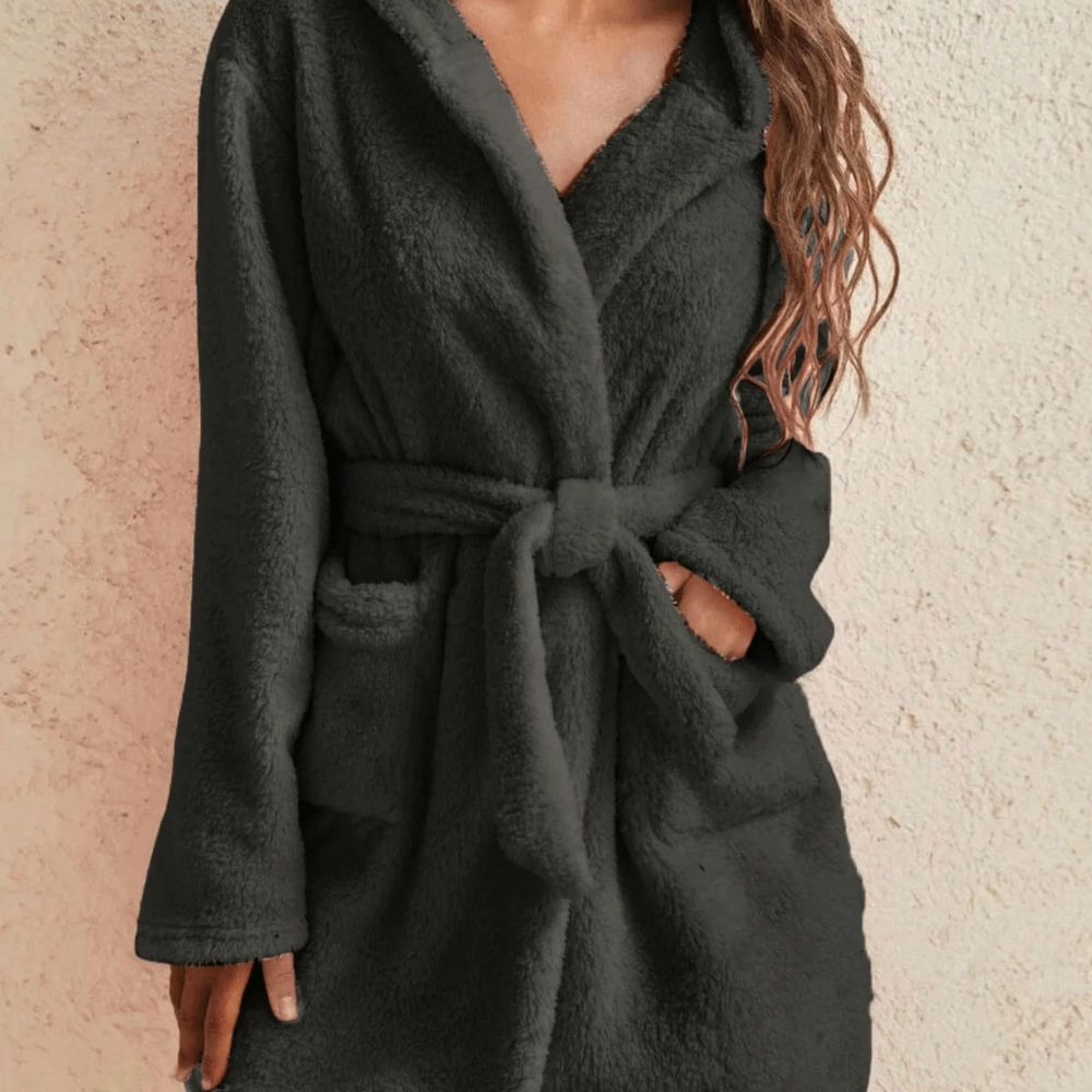 Womens Hooded Fleece Robe With Belt Cozy Autumn Winter Loungewear 1