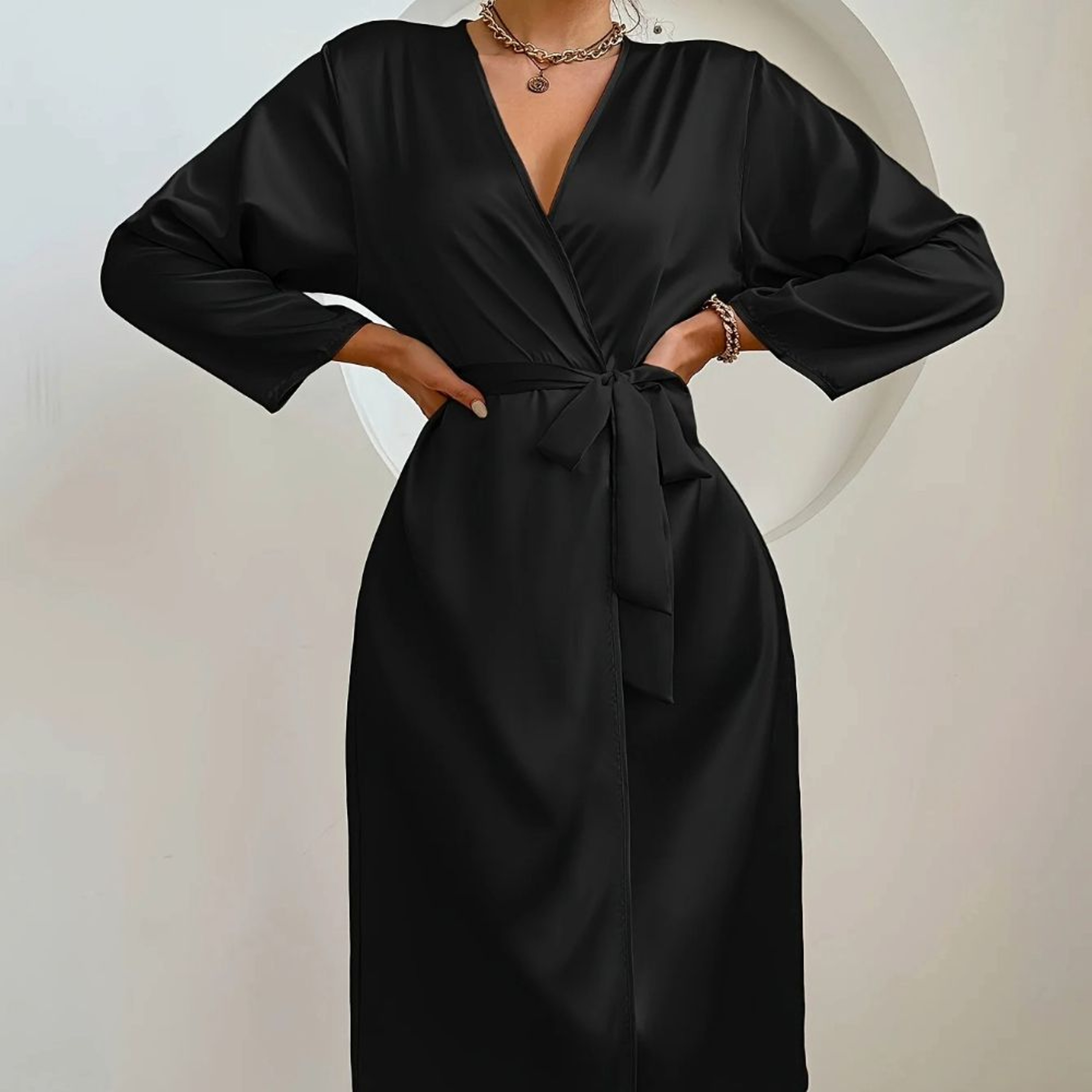 Elegant Womens Satin Robe With Belt Silky Solid Color Loungewear 1
