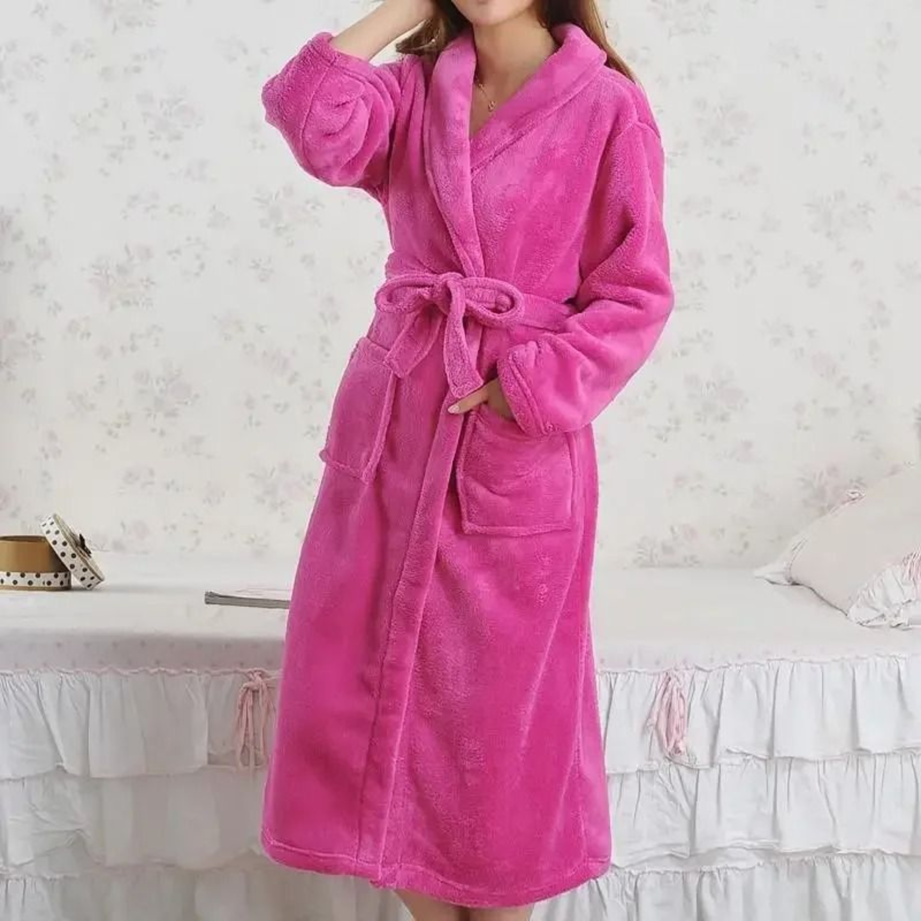 Winter Coral Fleece Long Kimono Robe Thick Warm Homewear 6