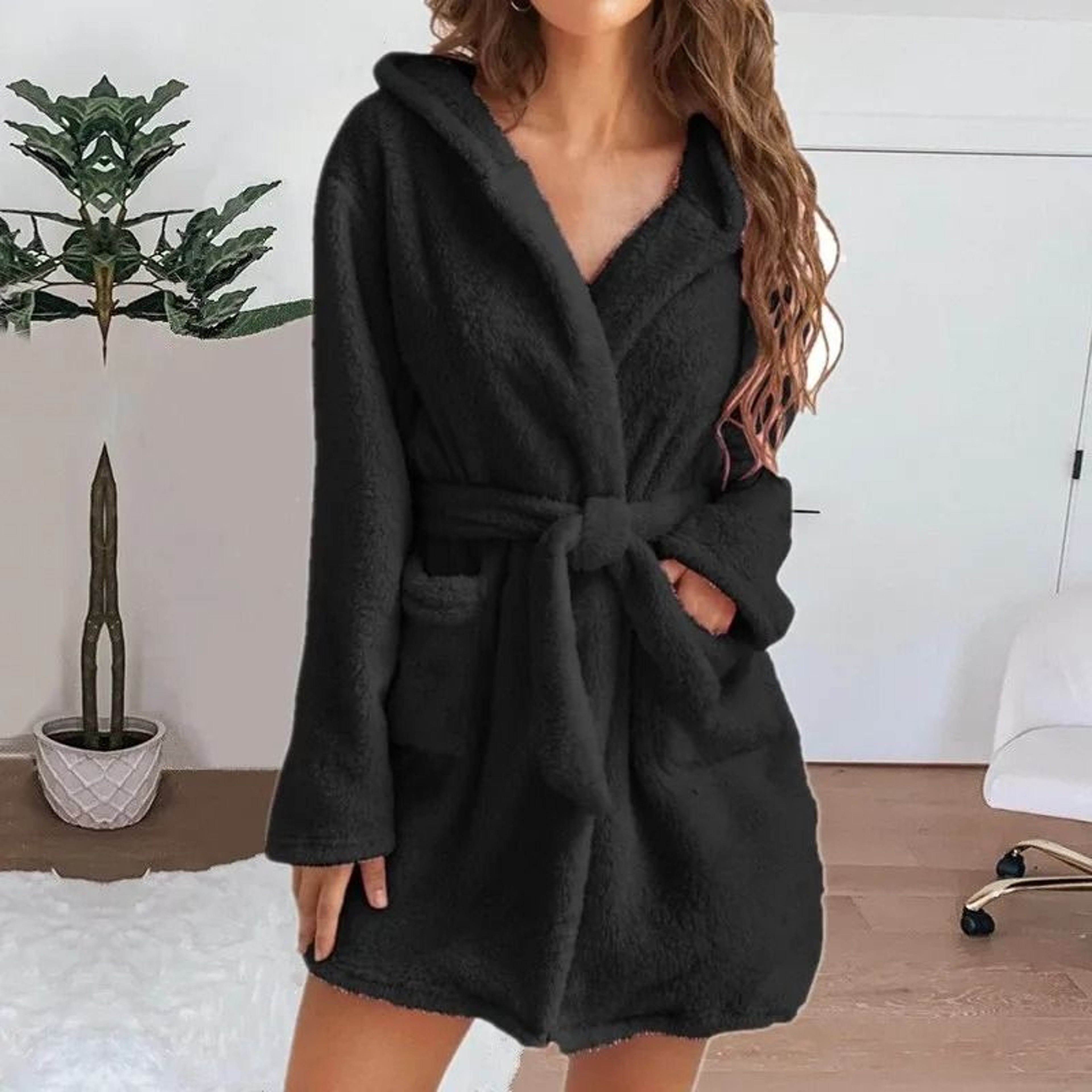 Winter Fluffy Plush Hooded Dressing Gown Warm Bathrobe For Women 12