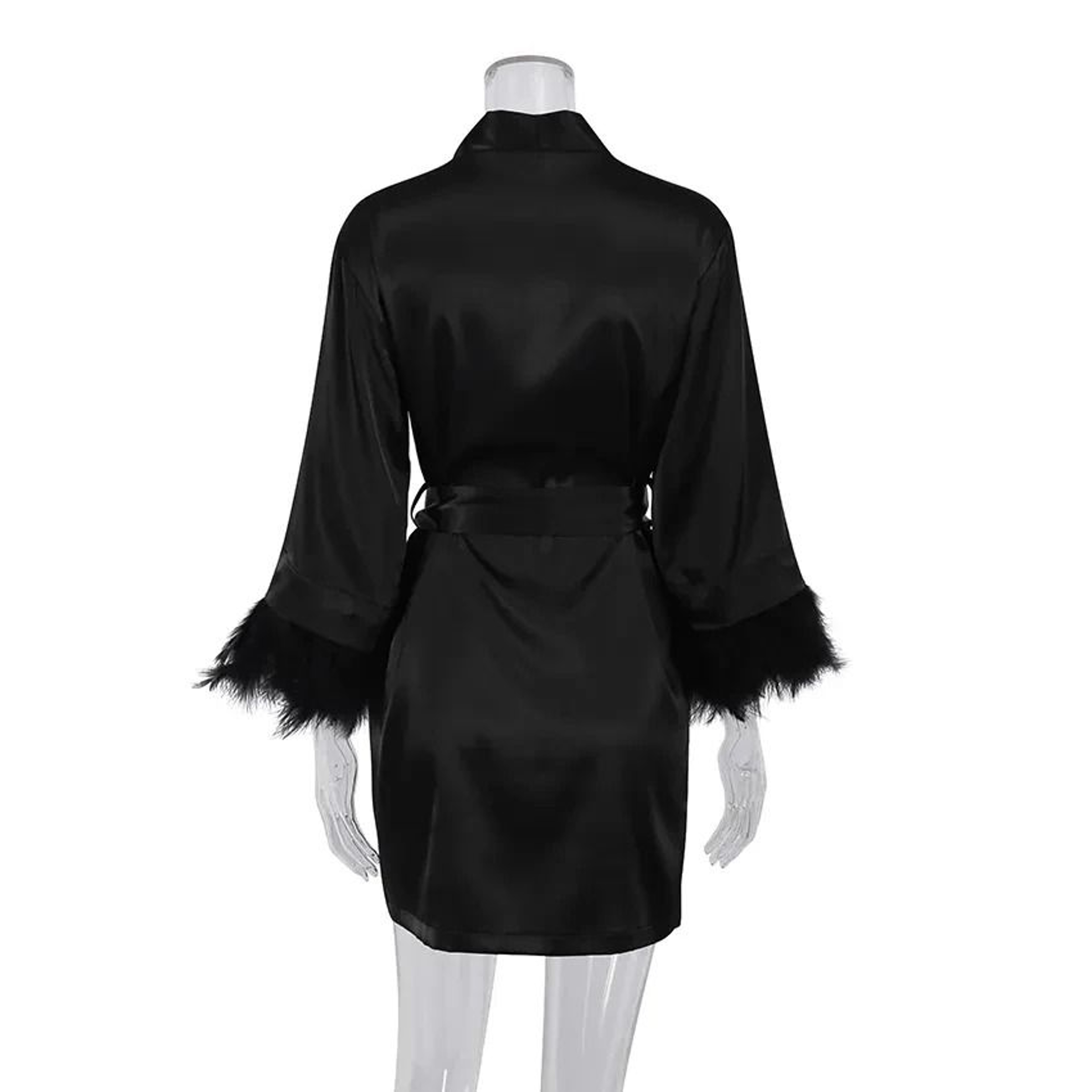 White Feather Bridal Satin Robe With Fur Trim Full Sleeve Nightgown 3