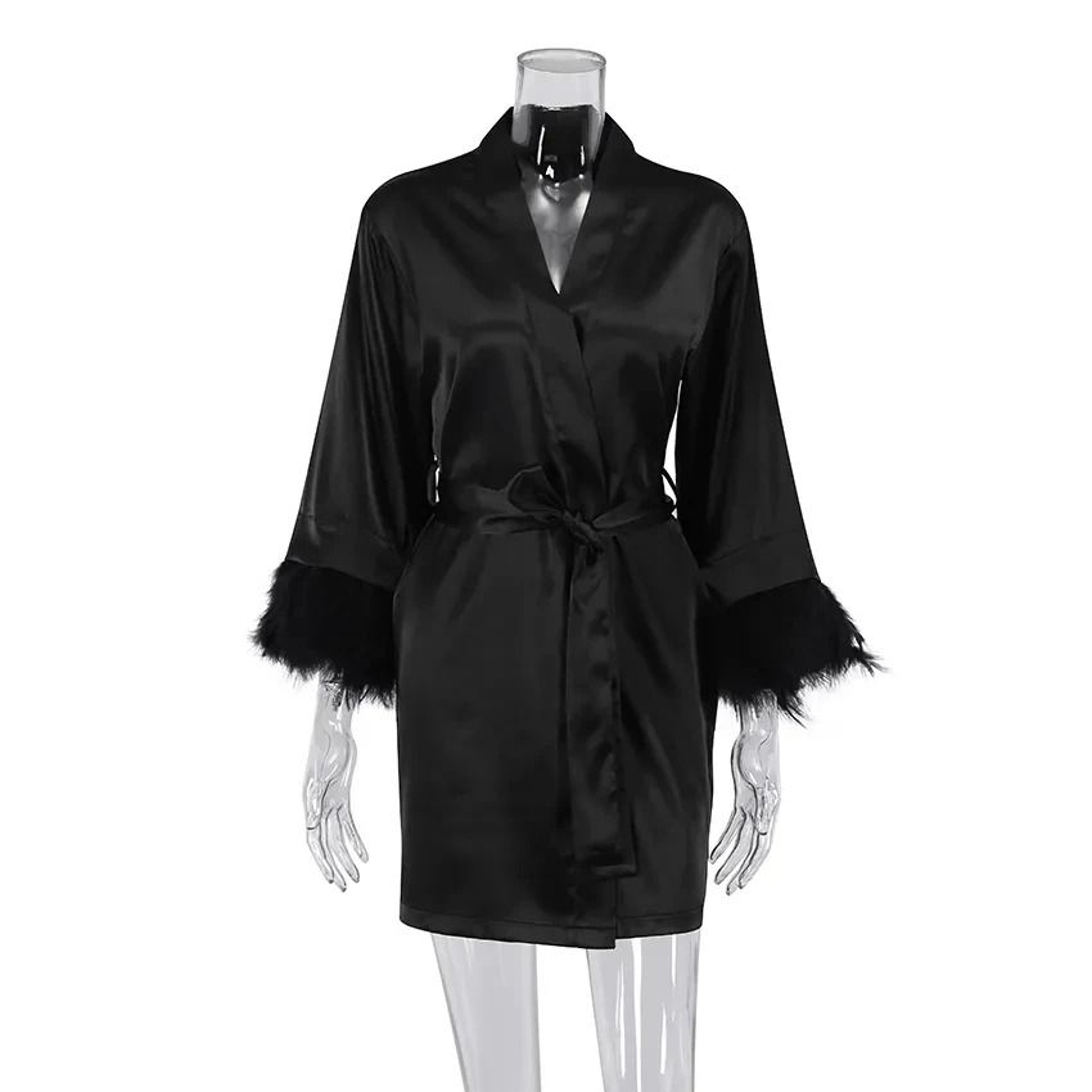 White Feather Bridal Satin Robe With Fur Trim Full Sleeve Nightgown 0