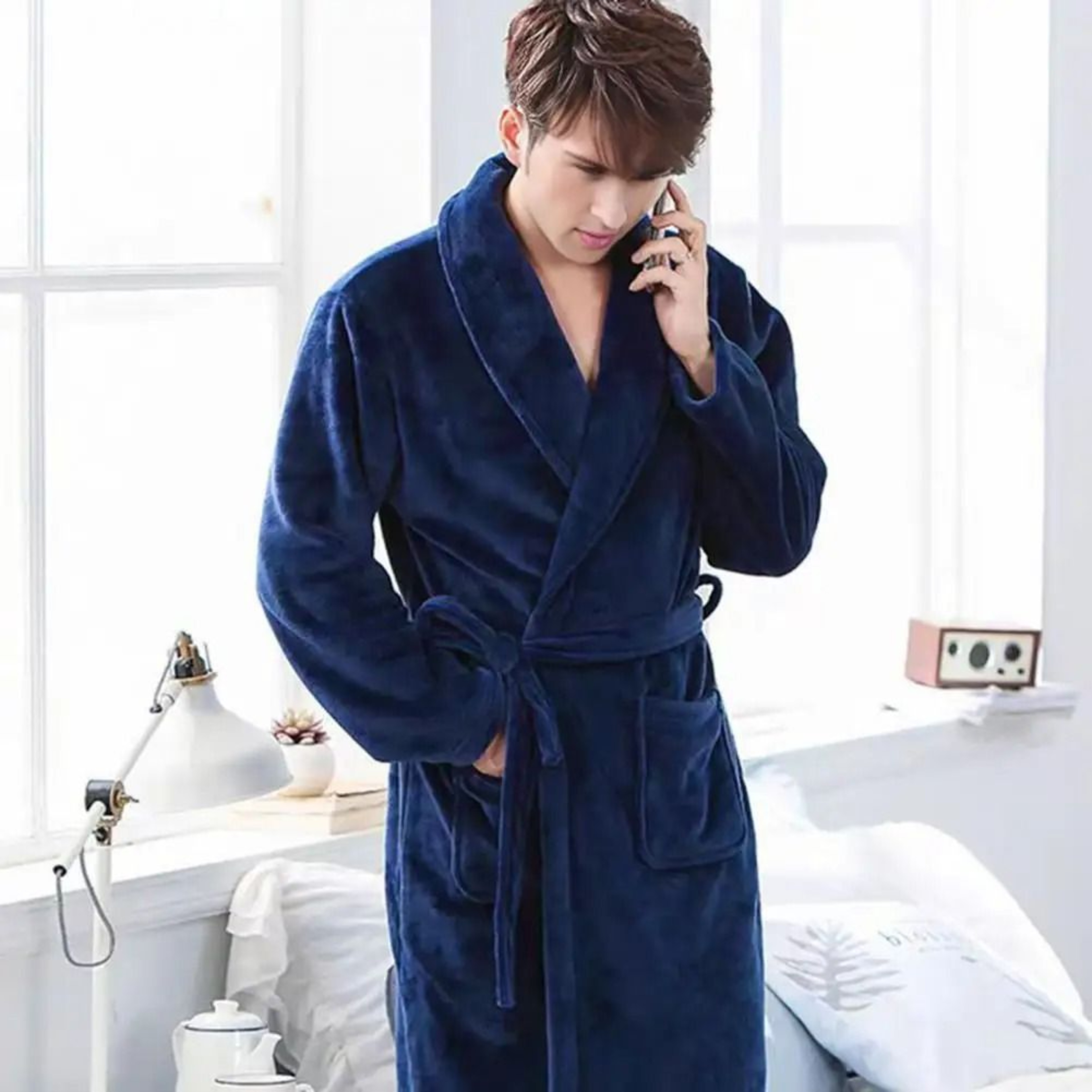 Mens Plush Flannel Winter Bathrobe Thick Lined Medium Length Home Robe 7