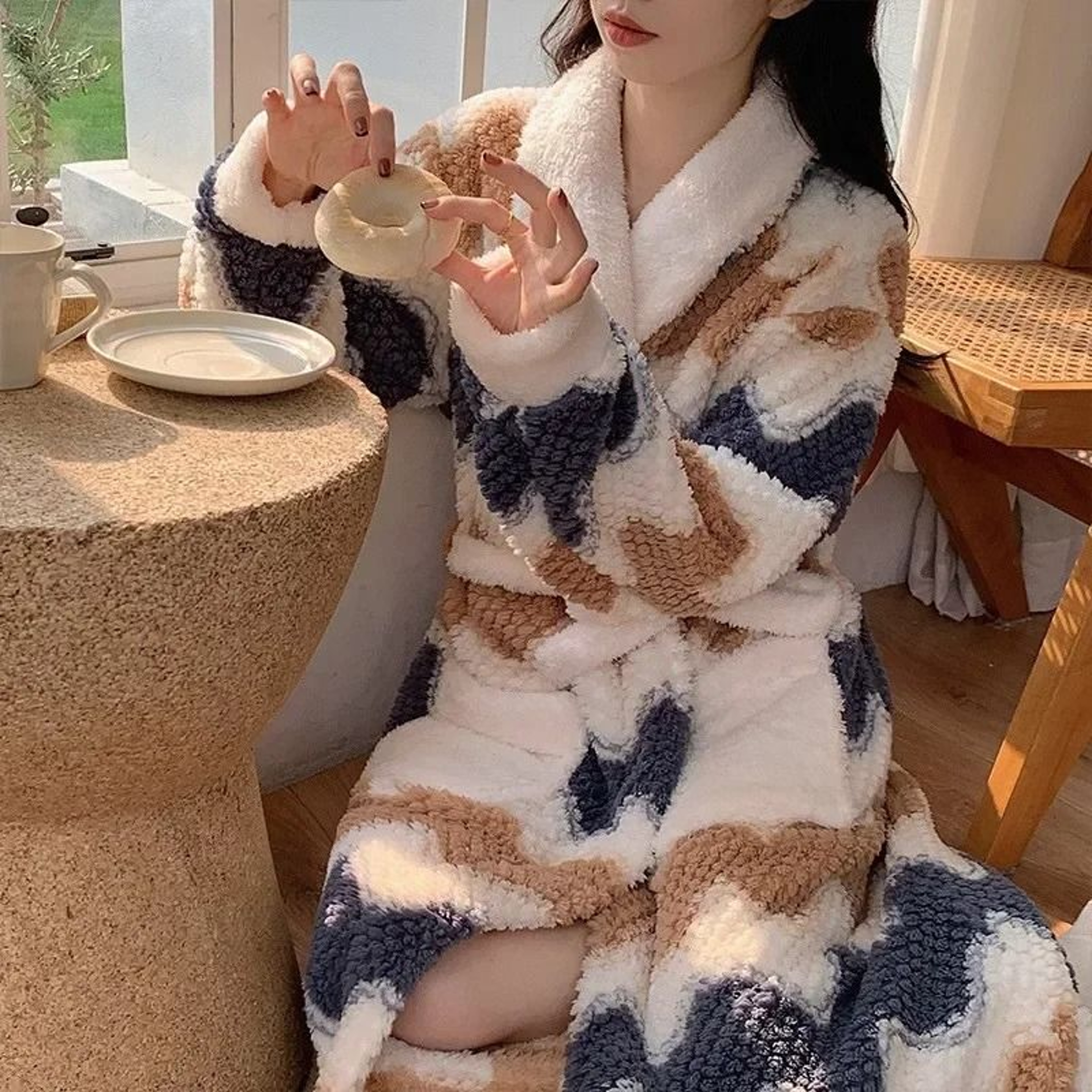 Cute Winter Pajama Robe Set Coral Fleece Nightgown Plus Velvet Warm Sleepwear 7