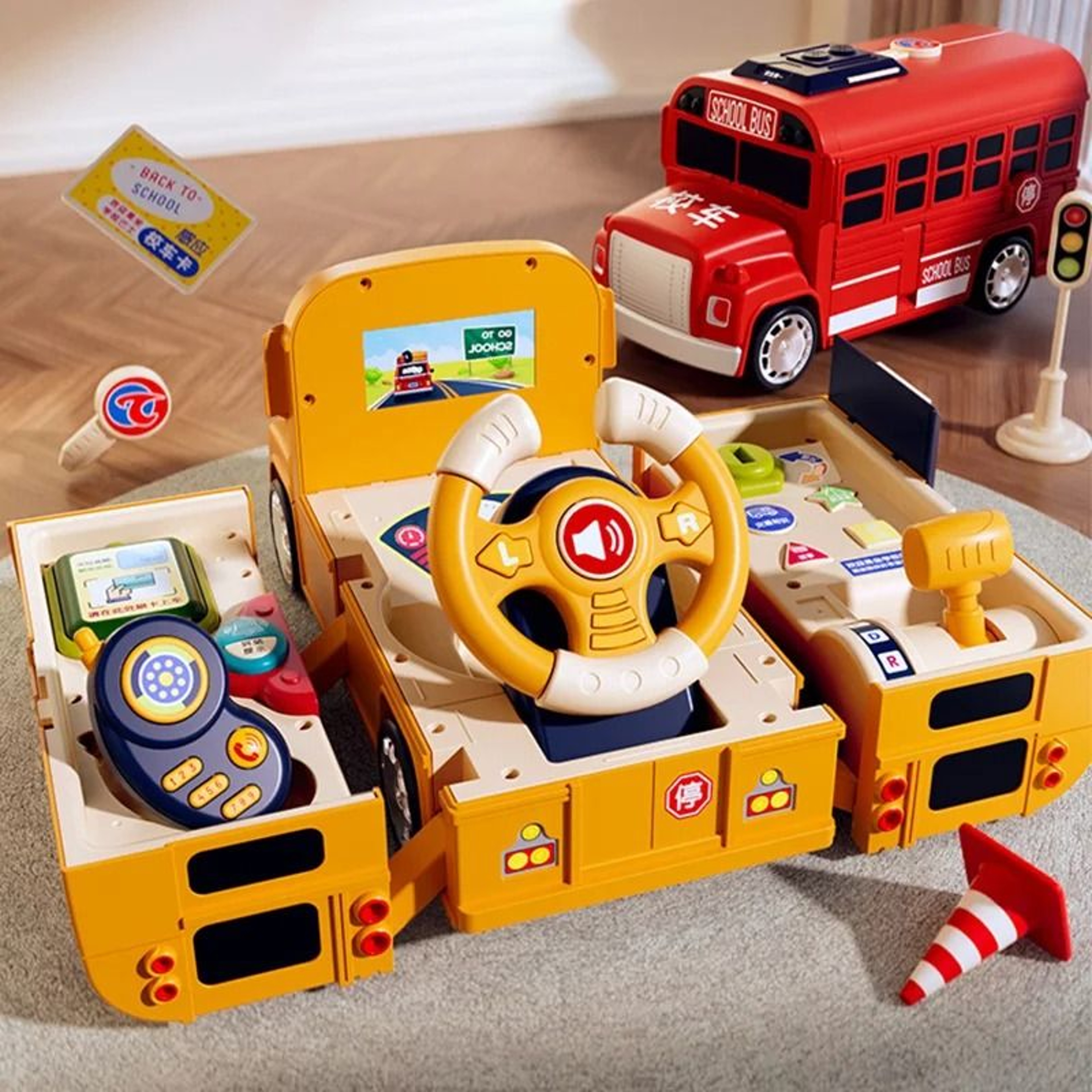 Toddler School Bus Toy With Steering Wheel Sound And Light 4