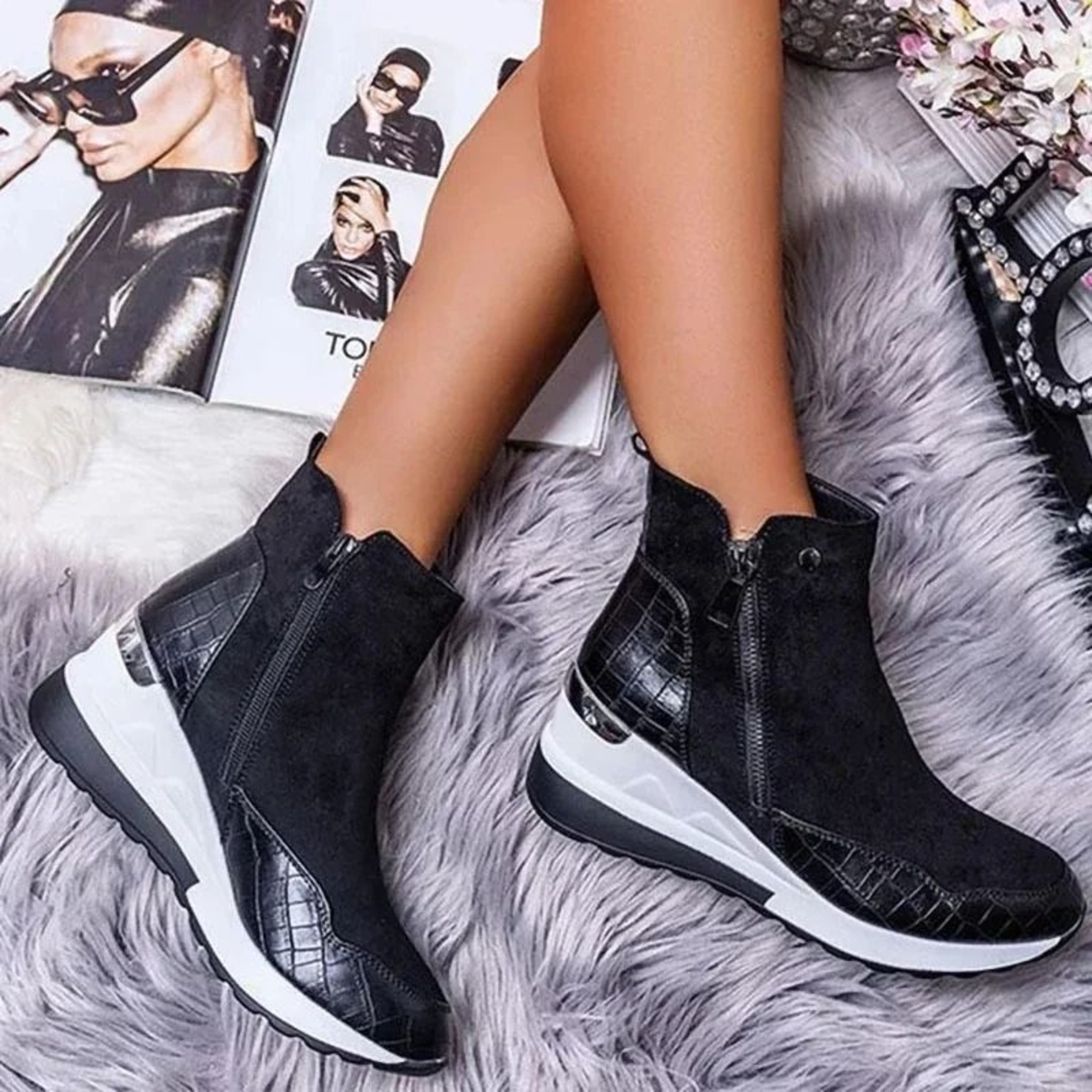 Womens High Top Platform Sneakers With Wedge Sole And Side Zipper 4