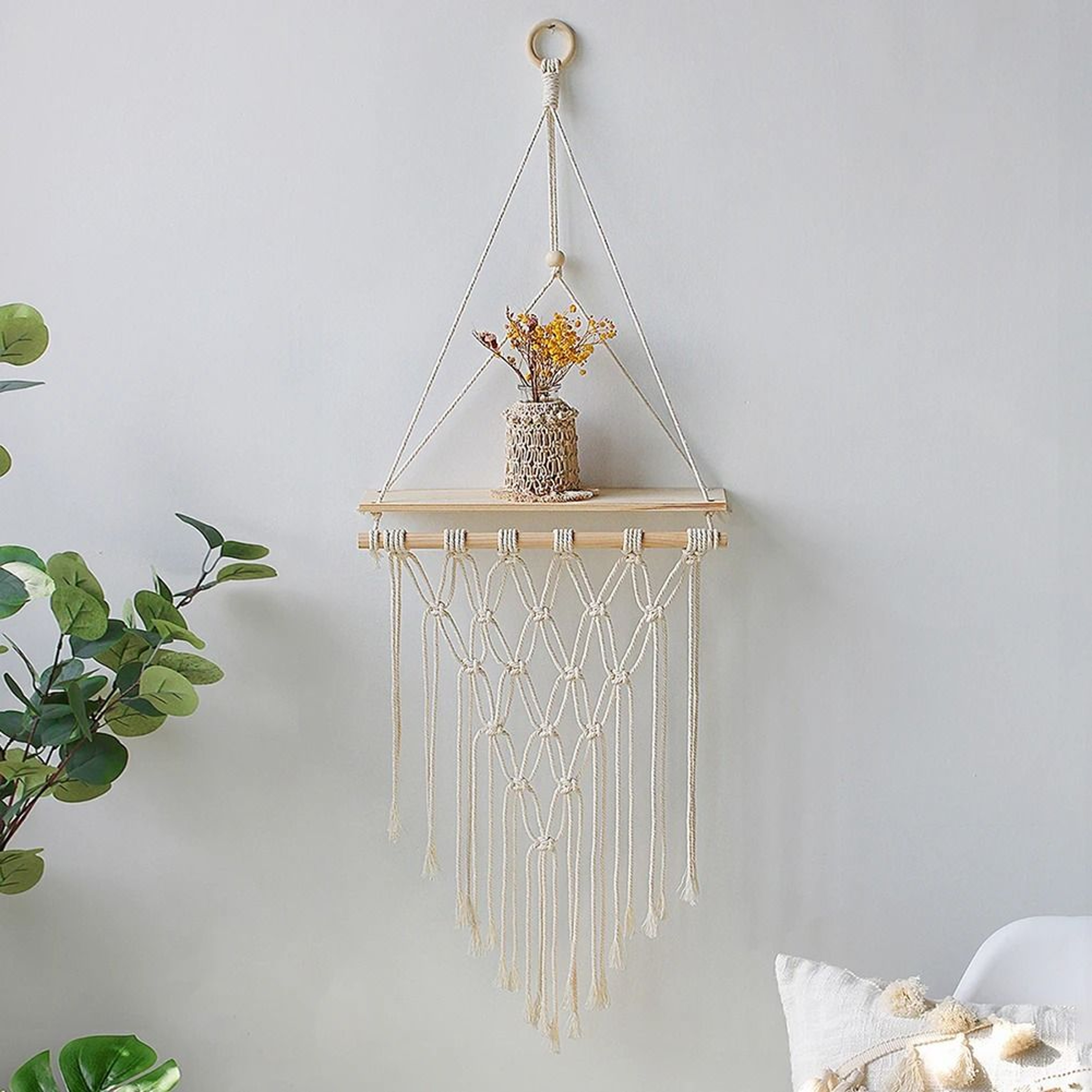 Boho Macrame Wall Hanging Floating Wood Shelf 4