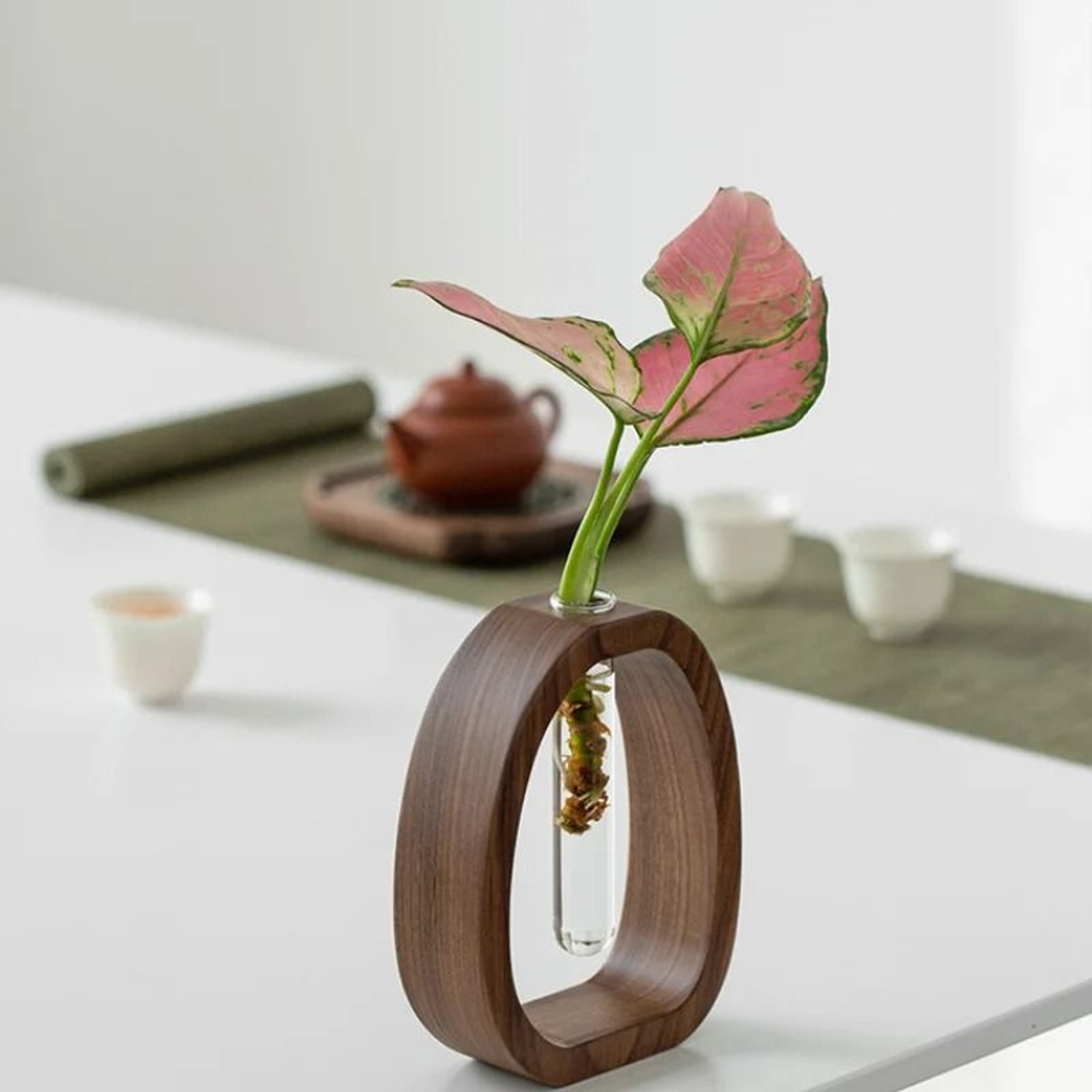 Solid Wood Flower Vase With Mini Glass Hydroponic Insert 5
