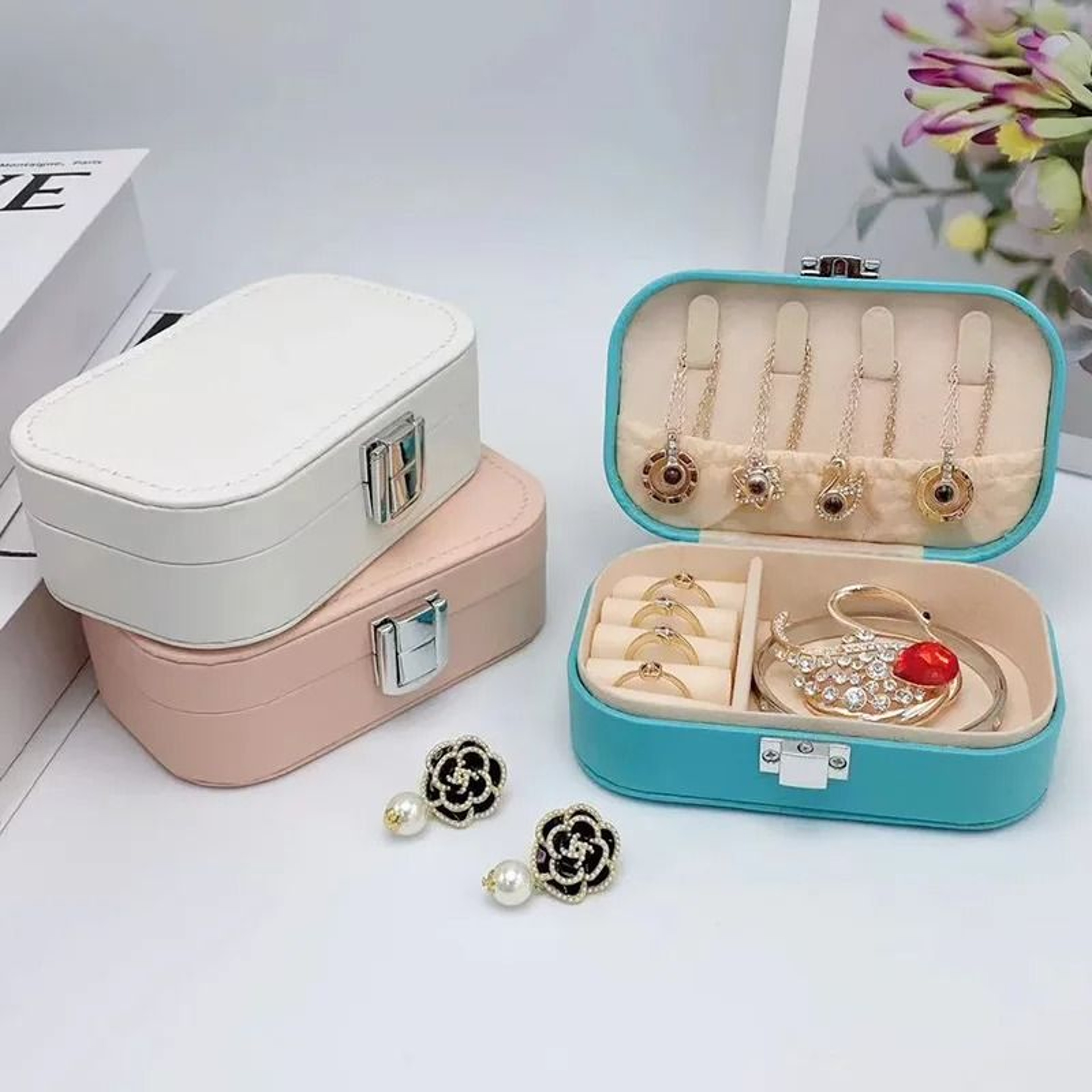 Portable Snap Button Jewelry Storage Box For Earrings Necklace And Rings 11
