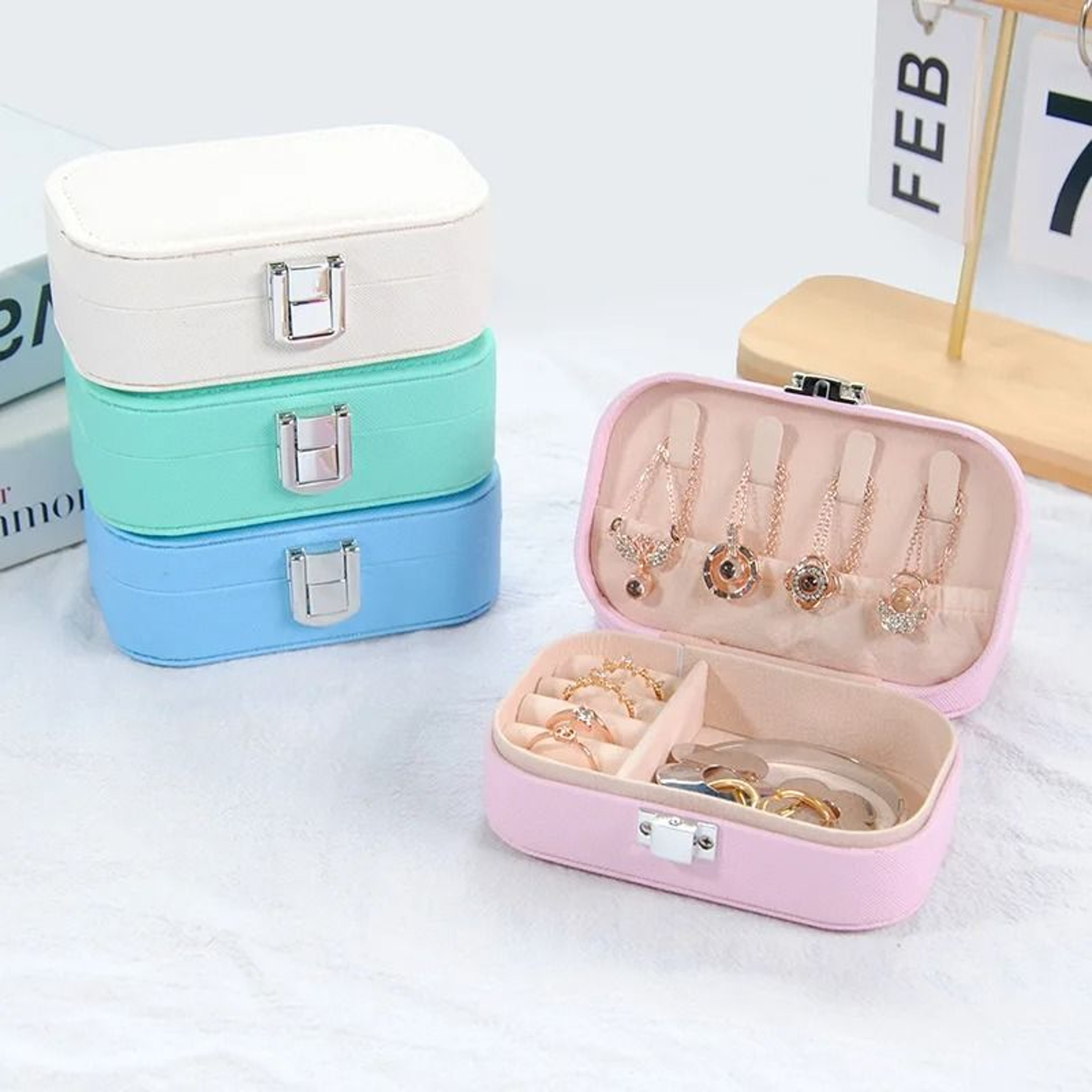 Portable Snap Button Jewelry Storage Box For Earrings Necklace And Rings 14