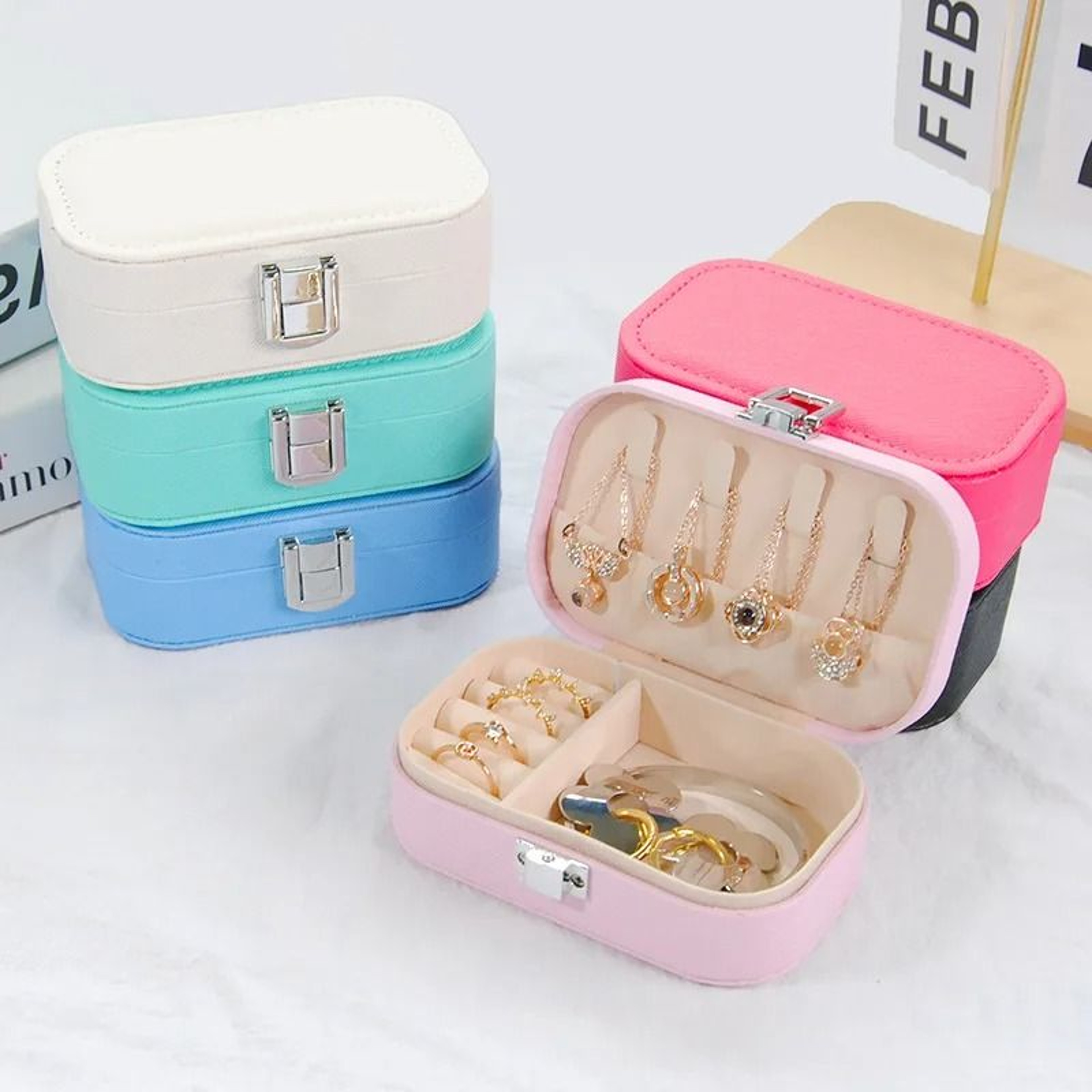 Portable Snap Button Jewelry Storage Box For Earrings Necklace And Rings 0