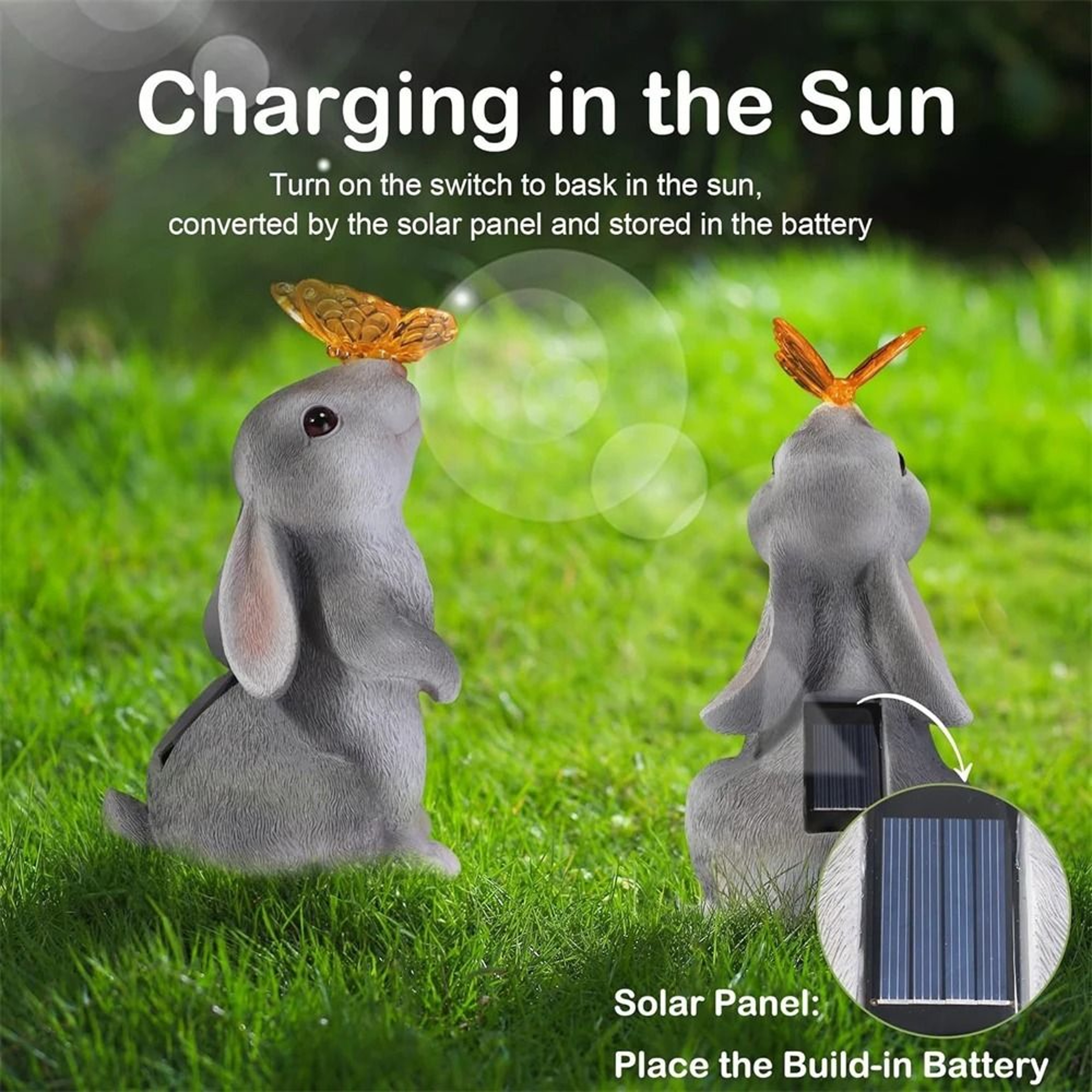 Solar Bunny Garden Statue LED Butterfly Light Outdoor Decor Figurine 3
