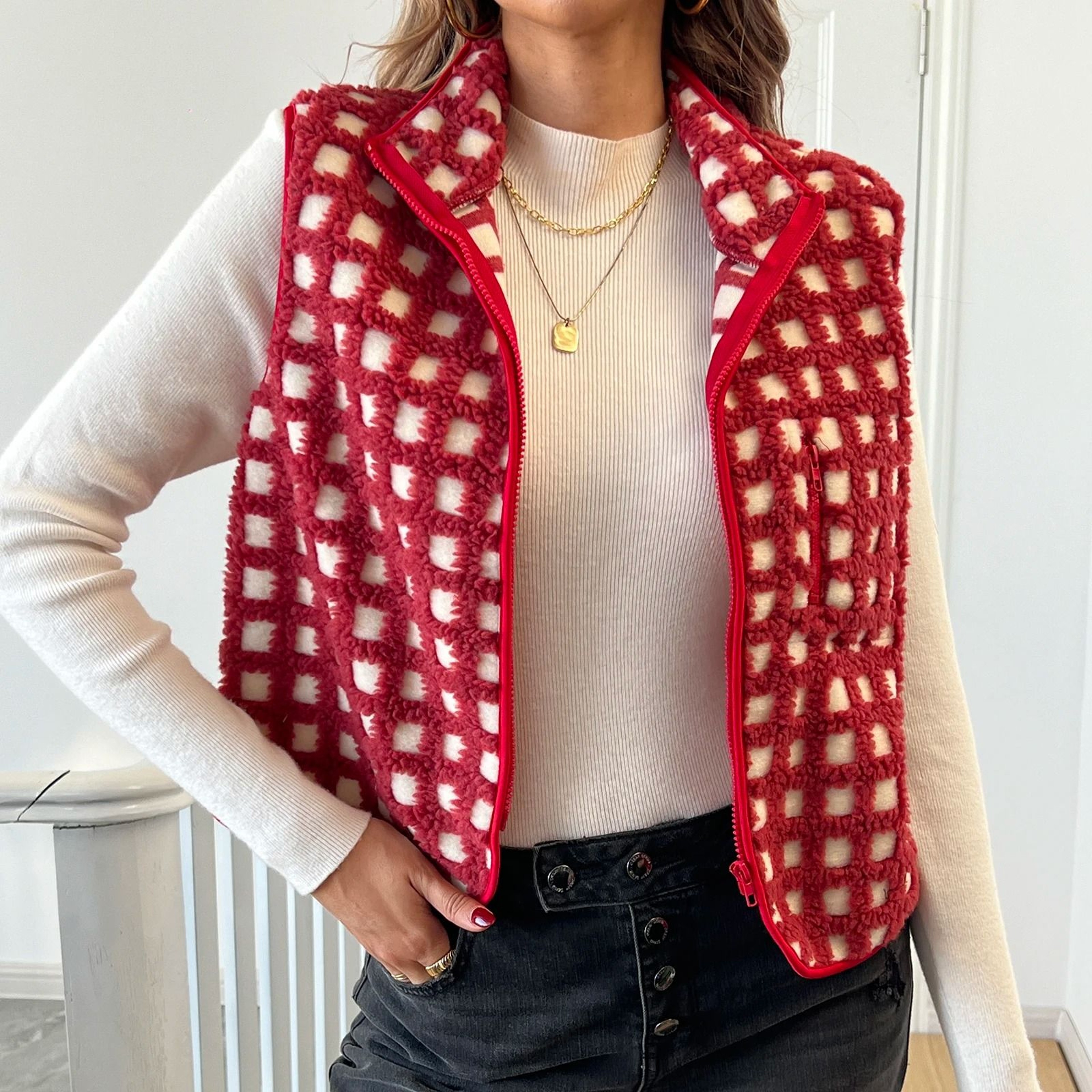 Womens Fuzzy Checkered Vest Zip Up Sleeveless Jacket Vest Warm Stand Collar Casual Outwear 6