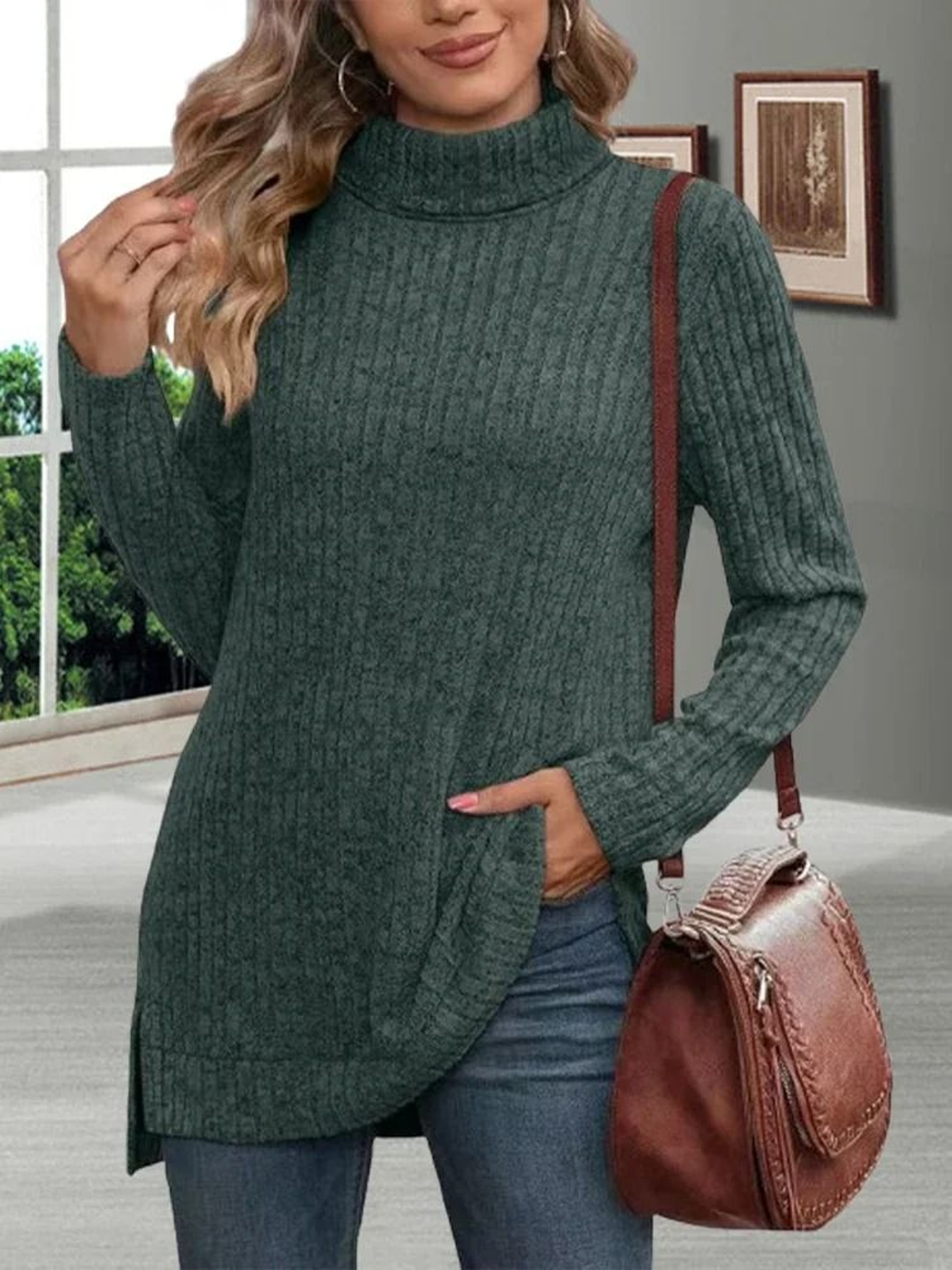 Womens Striped Turtleneck Sweater Thick Loose Knit Pullover Warm Long Sleeve Autumn Winter Top 1