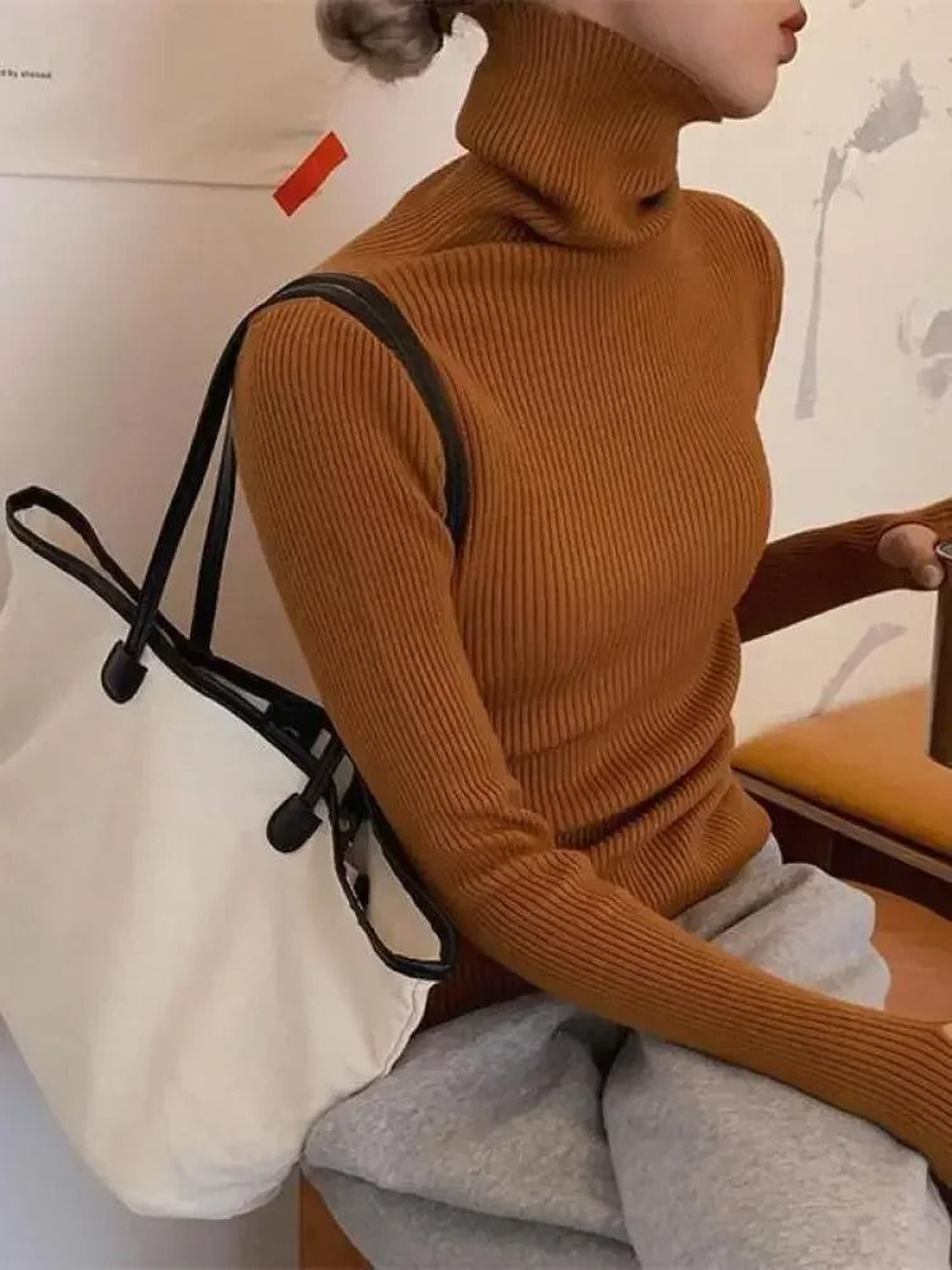 Womens Turtleneck Knit Sweater Korean Style Thumb Hole Pullover Warm Casual Autumn Winter Top 7